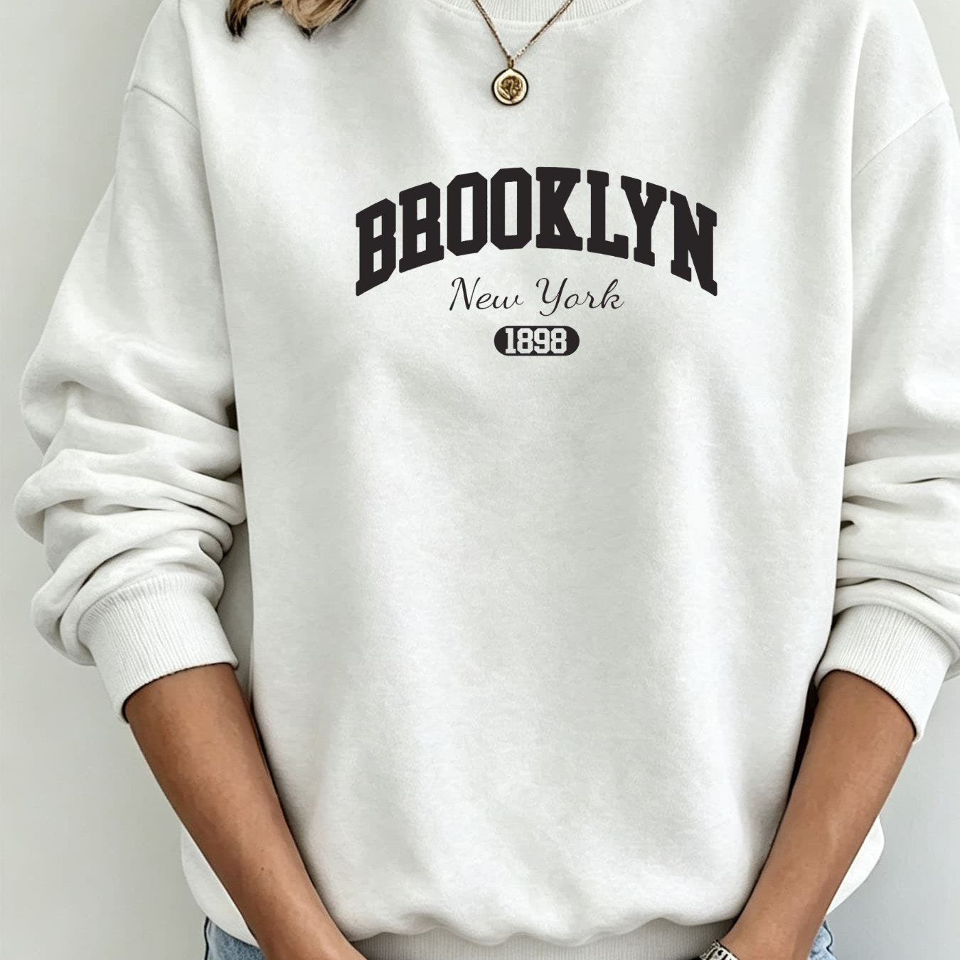 Image of Autumn/winter New Pullover Women's Style Loose Fit Crewneck Sweatshirt With Brooklyn 1898 Letter Print, Breathable & Comfortable For Daily Wear, Round Neck Sweatshirt