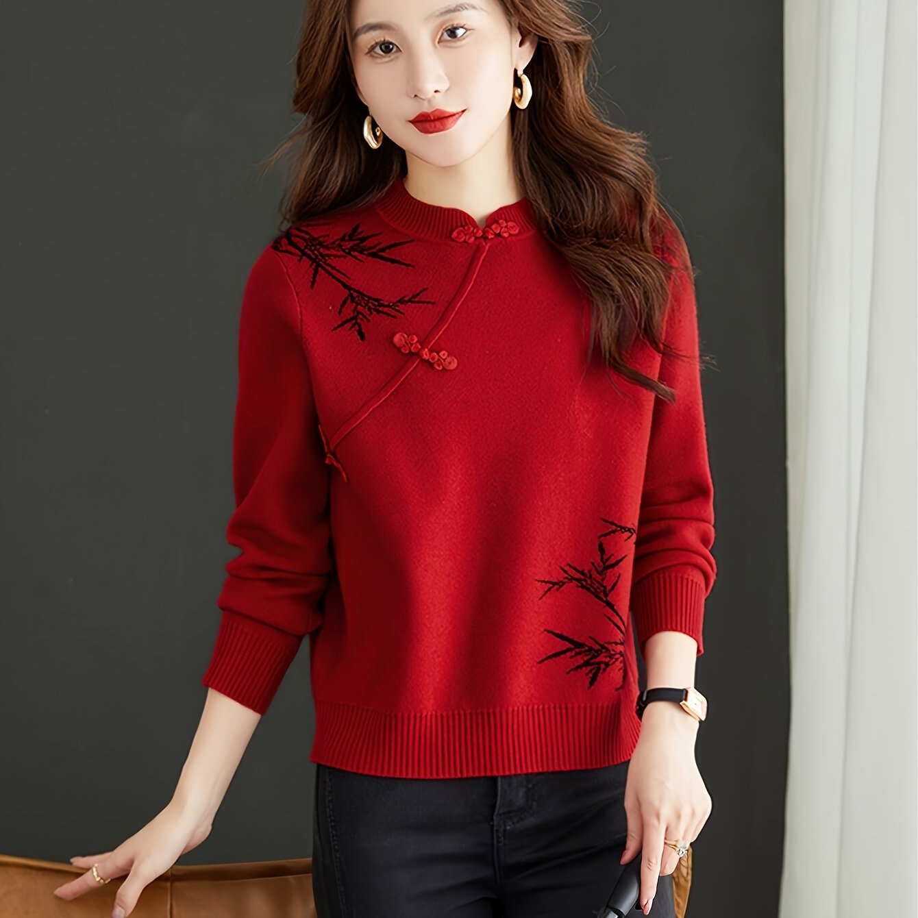 1 Chinese Style Women's Top, Pullover Round Neck , Casual Breathable Top, Suitable For Daily Wear, Women's Clothing