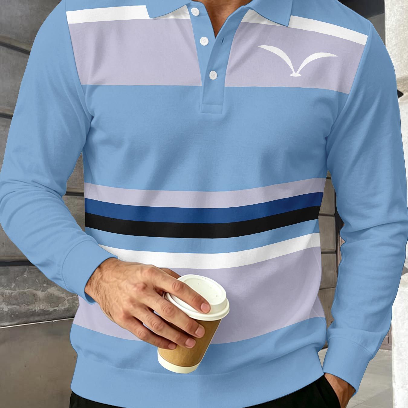 TEMU Color-block Men's Long Sleeve Shirt, Lapel 3-button Casual Top With Contrast Multi-striped Small Bird Print, Business Golf Versatile Men's Wear,