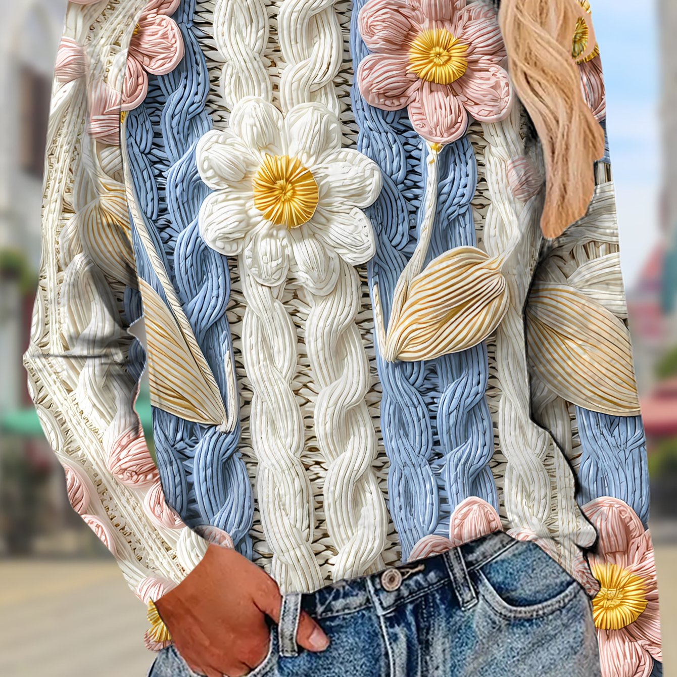 TEMU A Long-sleeved Women's T-shirt In Blue And White Texture With Pink And White Flowers, Made Of, Machine Washable, Featuring A Button- Collar And