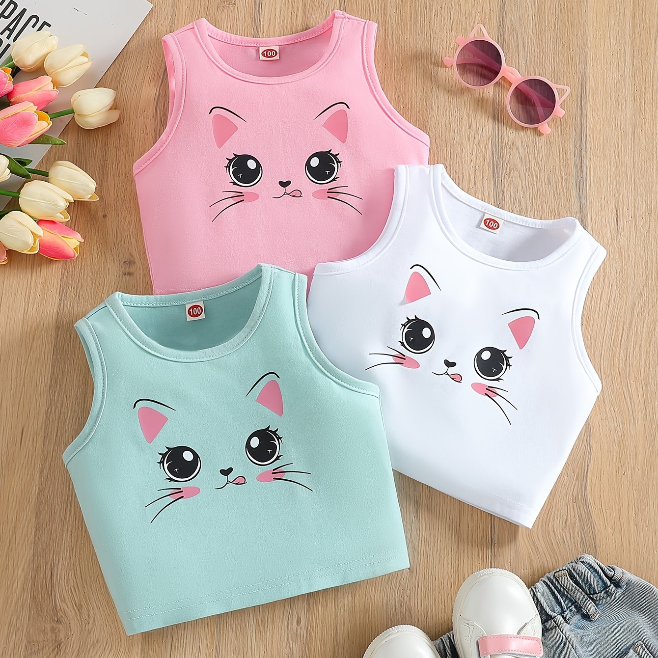 Girls' Three-piece Set, Fashion Cartoon Print Vest