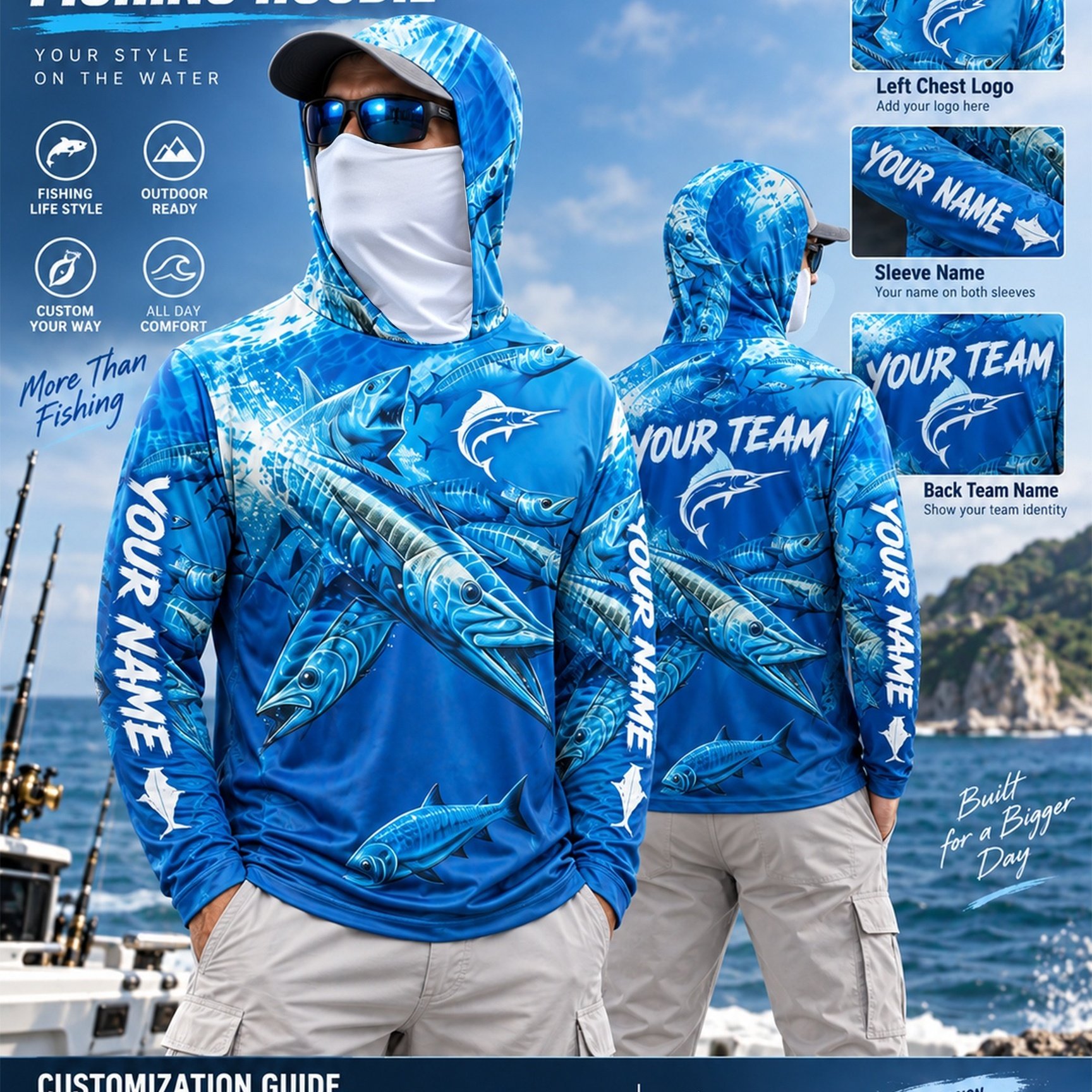 TEMU Print Fishing Hoodie, Outdoor Saltwater Fishing Long-sleeve Hooded Sweatshirt, Customizable Team Name Top, Lure Fishing Casual Sweatshirt, Self-