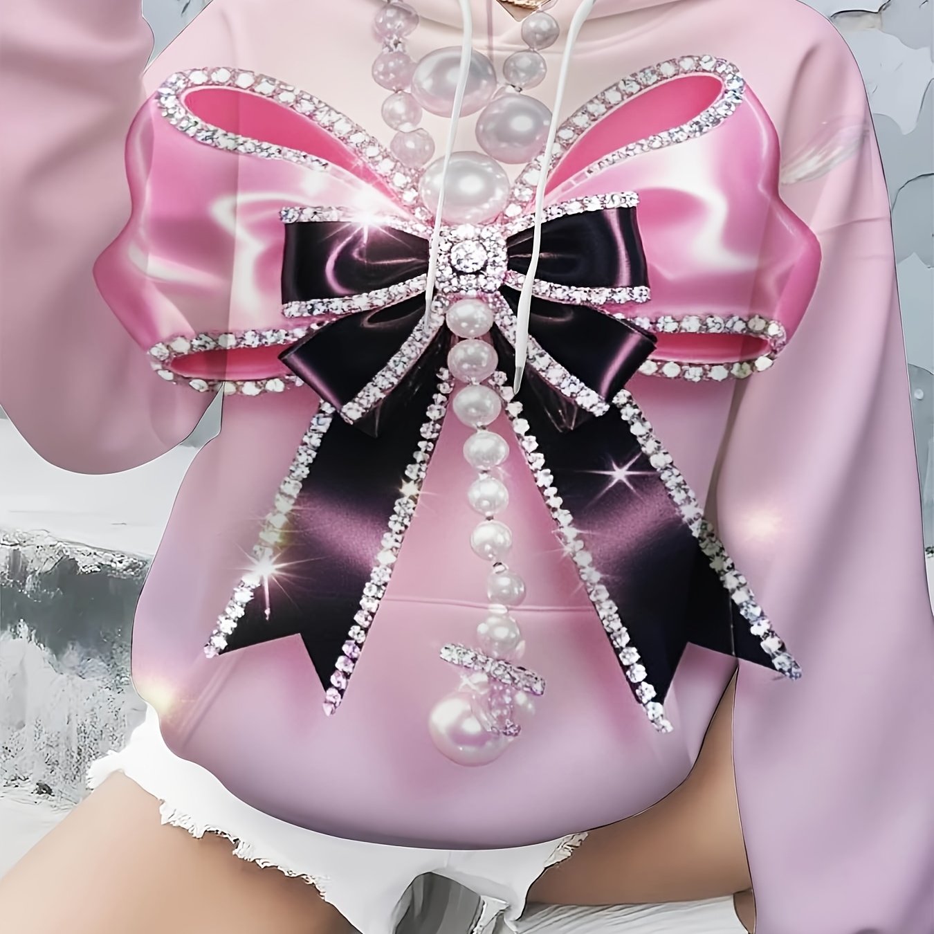 TEMU Women's Pink Rhinestone Embellished Hoodie - Sparkling Bow Detail On Back And Hood, Warm Winter Pullover For Christmas, Halloween, And Casual