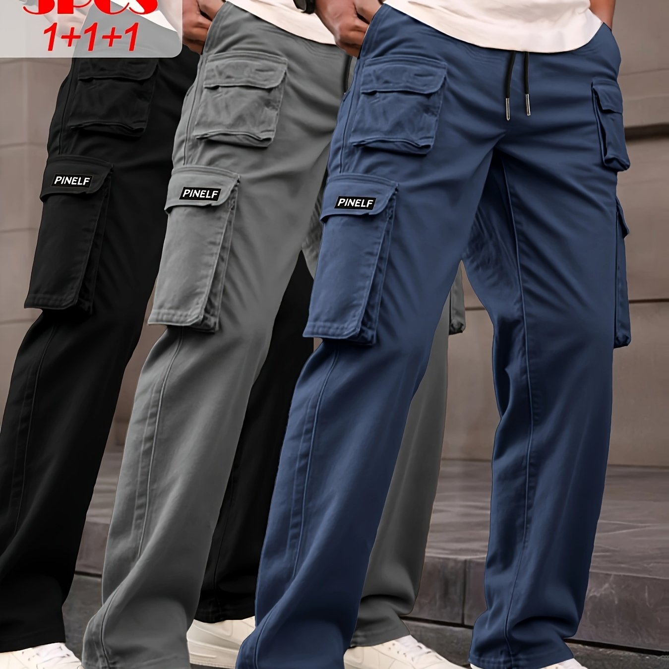 TEMU 3pcs Men's Work Pants - Cargo Pants With Drawstring Waist, Machine Washable For Construction, Warehouse, Everyday Casual - Spring/fall Season