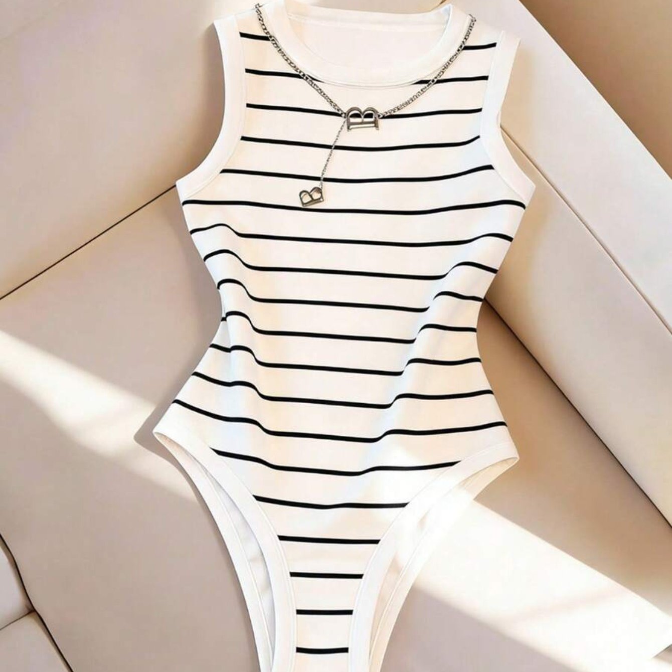 TEMU Women's Spring/summer Bodysuit, Round Neck Camisole Bodysuit, Slim-fit Bodysuit, Striped Bodysuit, Casual Daily Wear, Summer Bodysuit, Vacation