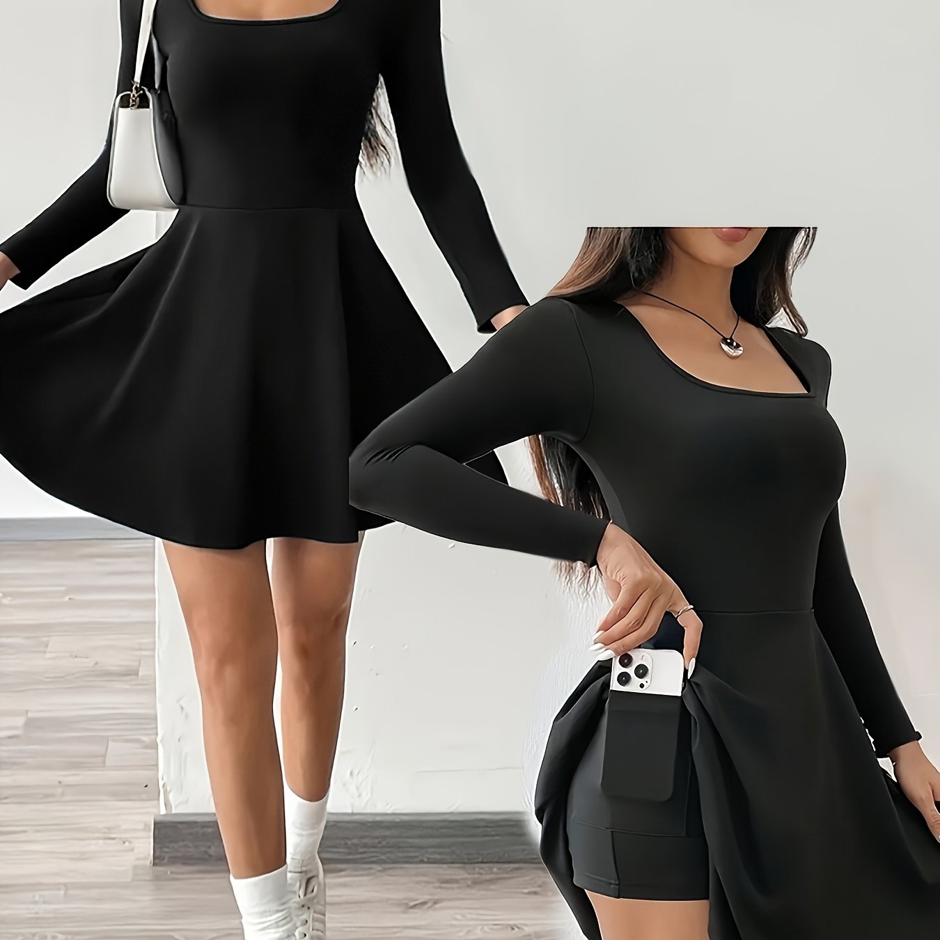 Image of Elegant Early Autumn New Long Sleeve Short Dress, With Pocket And Base Layer Design, Suitable For Home Gathering Party Wear