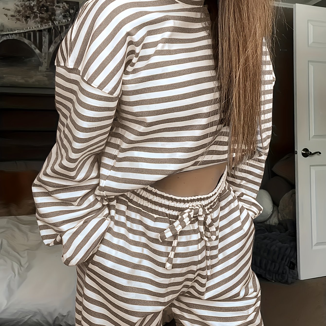 TEMU Women's Spring Autumn Striped Pajama Set, Double-pocket Long Pants, Decorative Drawstring Design, Contrast Round Neck, Soft Comfortable Loose