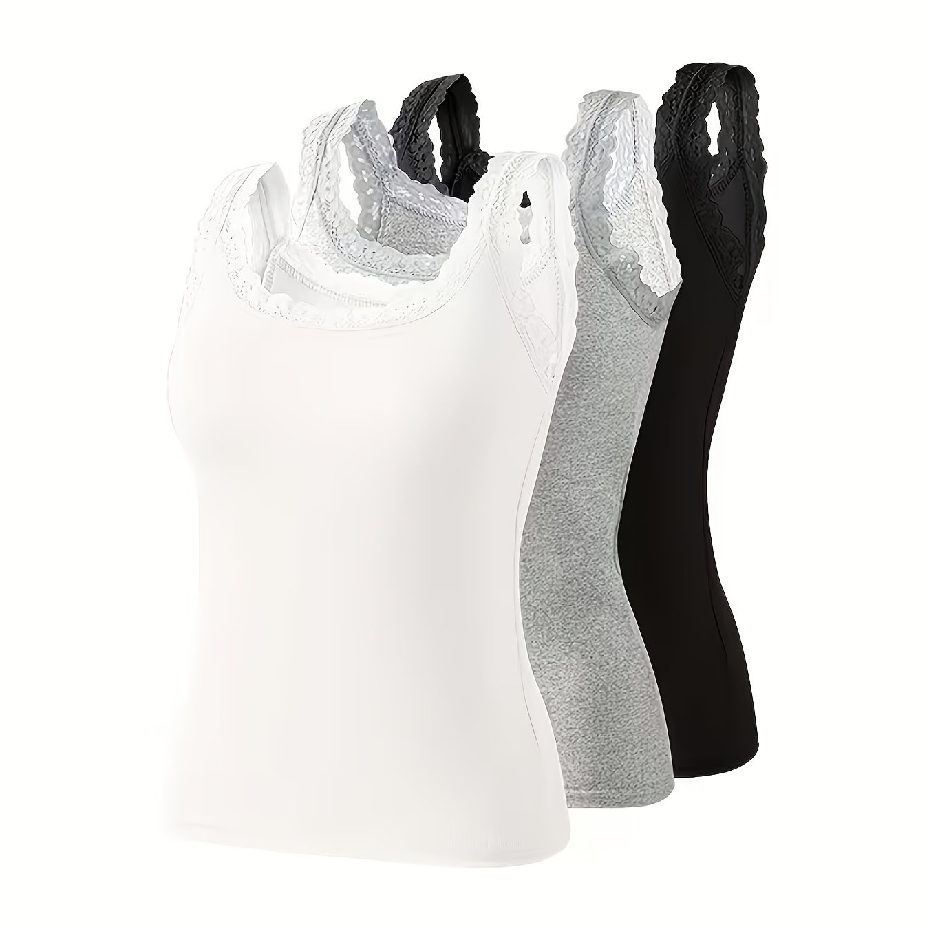 TEMU Set da 3 a canottiera per donna a con inserti in pizzo, indumento , biancheria intima, pigiama, abbigliamento da casa, stile , //grigio, ,