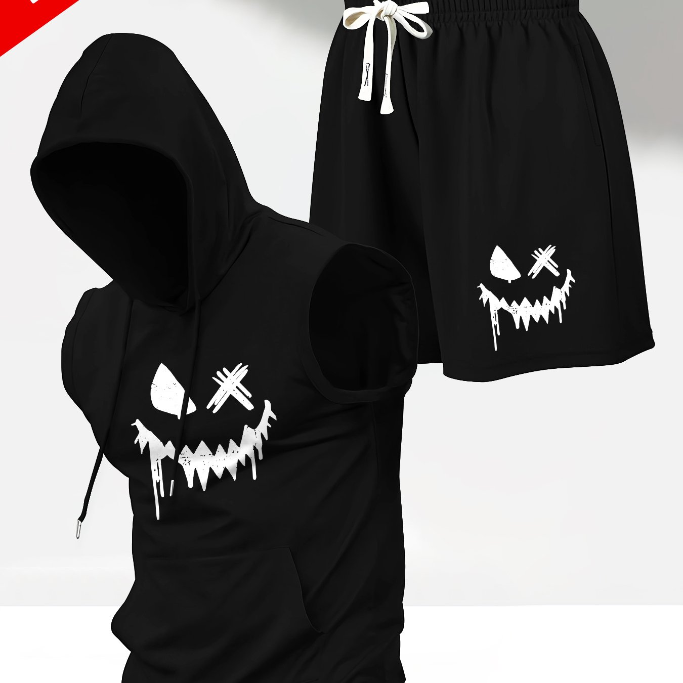 TEMU Hooded Vest Set With Print, Suitable For Summer Sports, Gym Training, Outdoor Activities, And Casual Wear. Sleeveless Hooded T-shirt Vest And