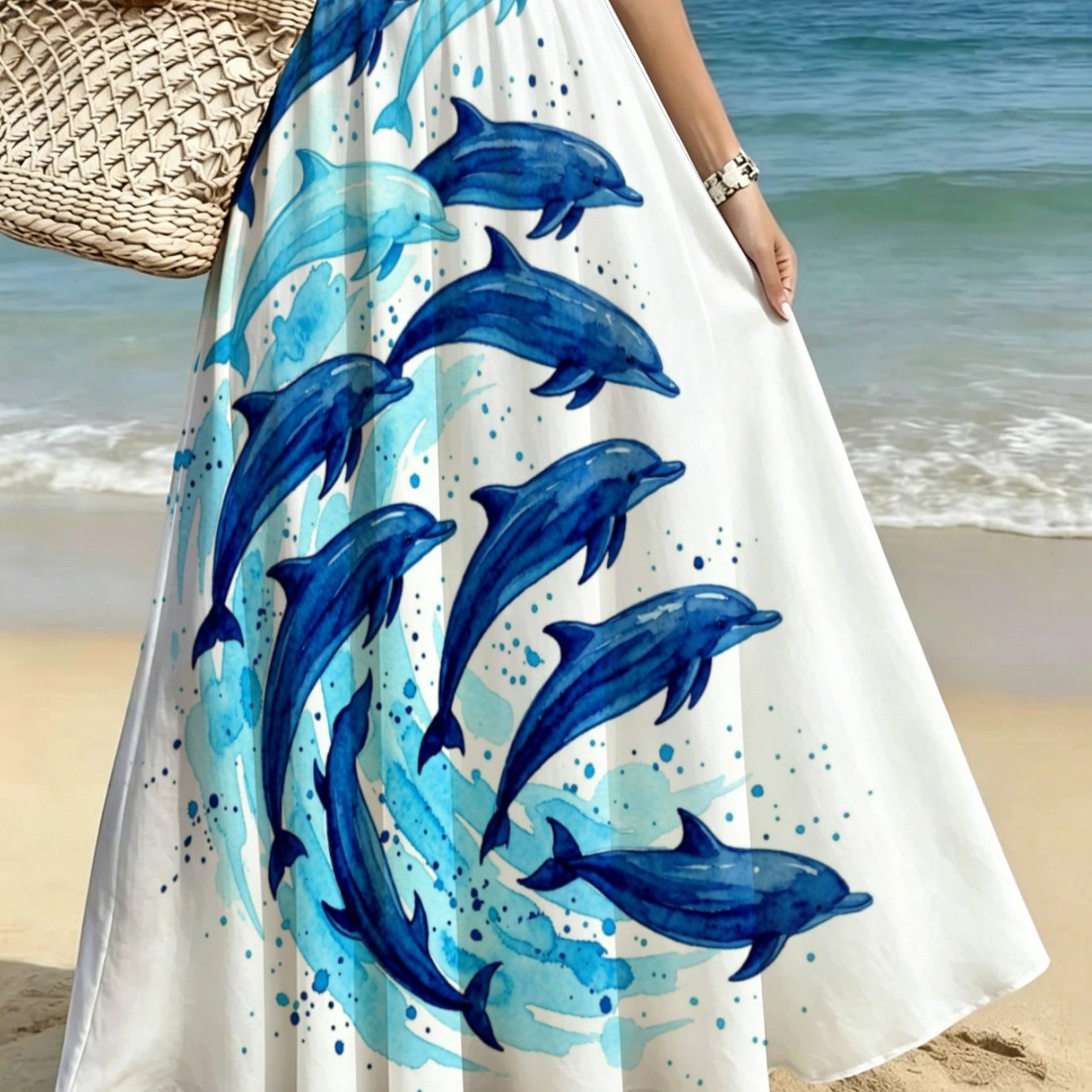 TEMU Lianyaoshi Women' Full-length Dolphin Print Maxi Skirt - Lightweight Flowy Beach Skirt With Suitable For Vacation, Casual Outdoor Wear, Machine