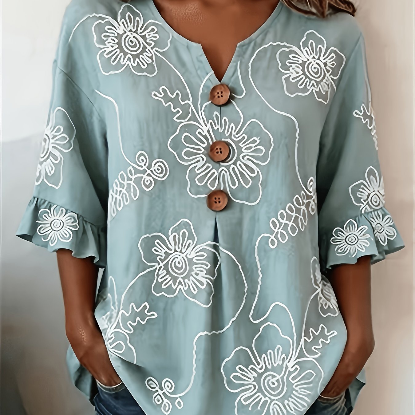 TEMU Plus Size, Women's Floral V-neck Short Sleeve Printed Vintage Spring/summer Casual Top