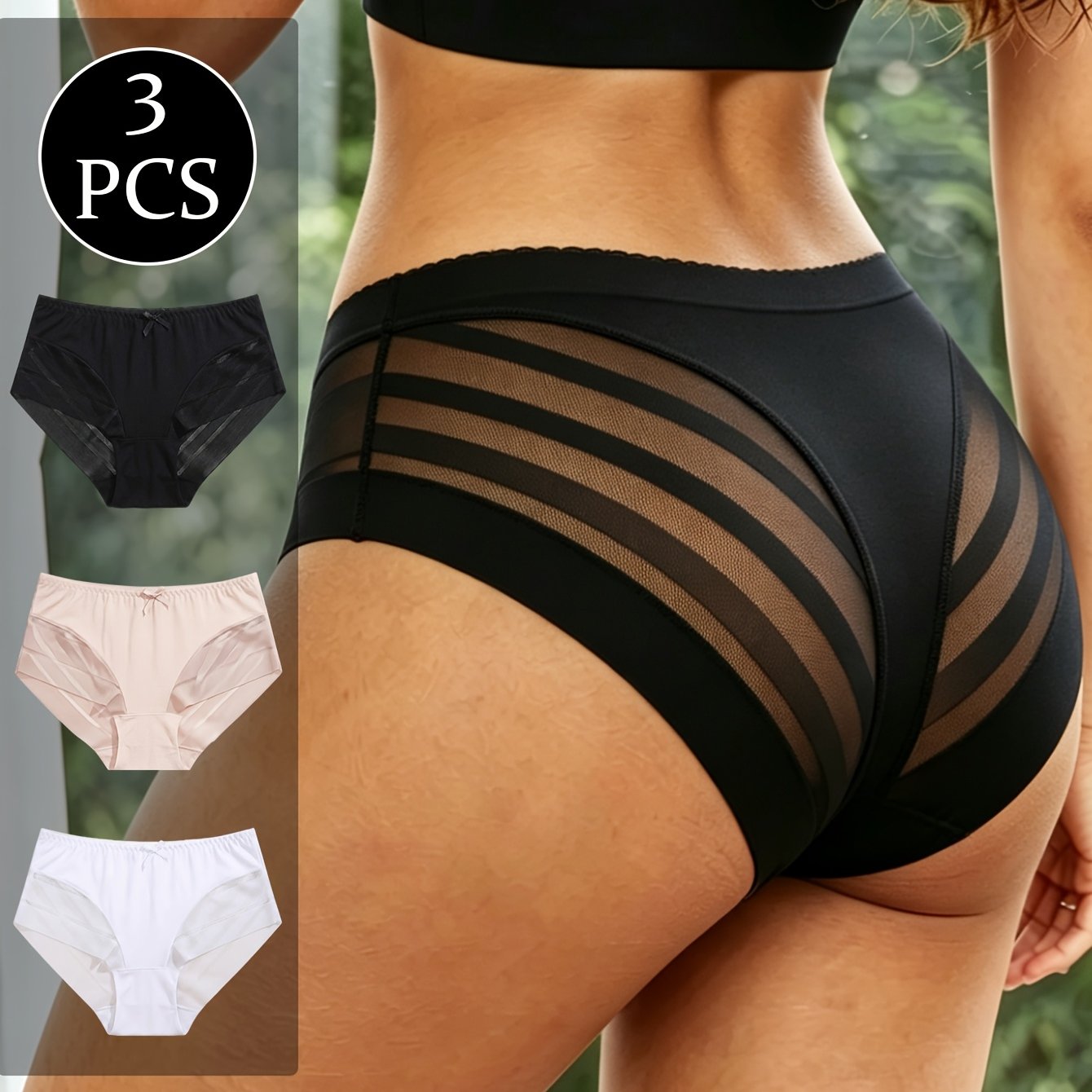3pcs Ladies' Breathable Triangle Panties, Solid Color Contrast Mesh, Easy Style Fit