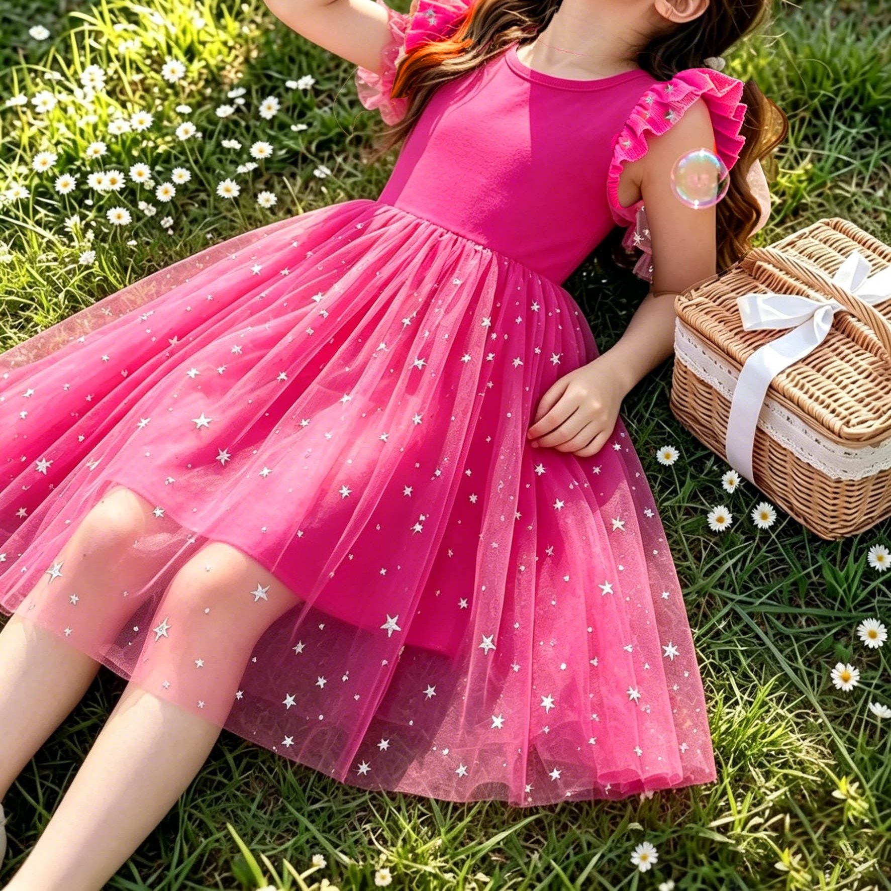 Image of Girls' Summer Princess Star Moon Double-layer Mesh Dress, Mesh Flutter Sleeves, Elegant And Fashionable Style, Suitable For Summer Fashion Parties, , Casual Leisure, Or Special Occasions