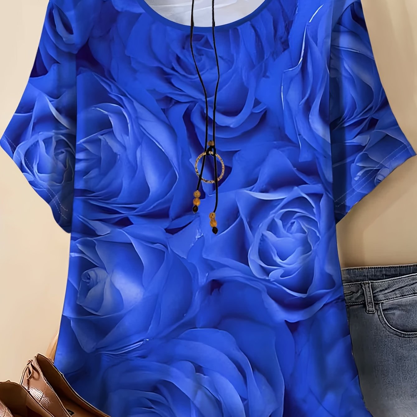 TEMU Plus Size Women's Oversized Short Sleeve T-shirt - Full- Rose Print Crew Neck Blouse Suitable For Casual & Athletic Wear, Loose Fit Summer Top,