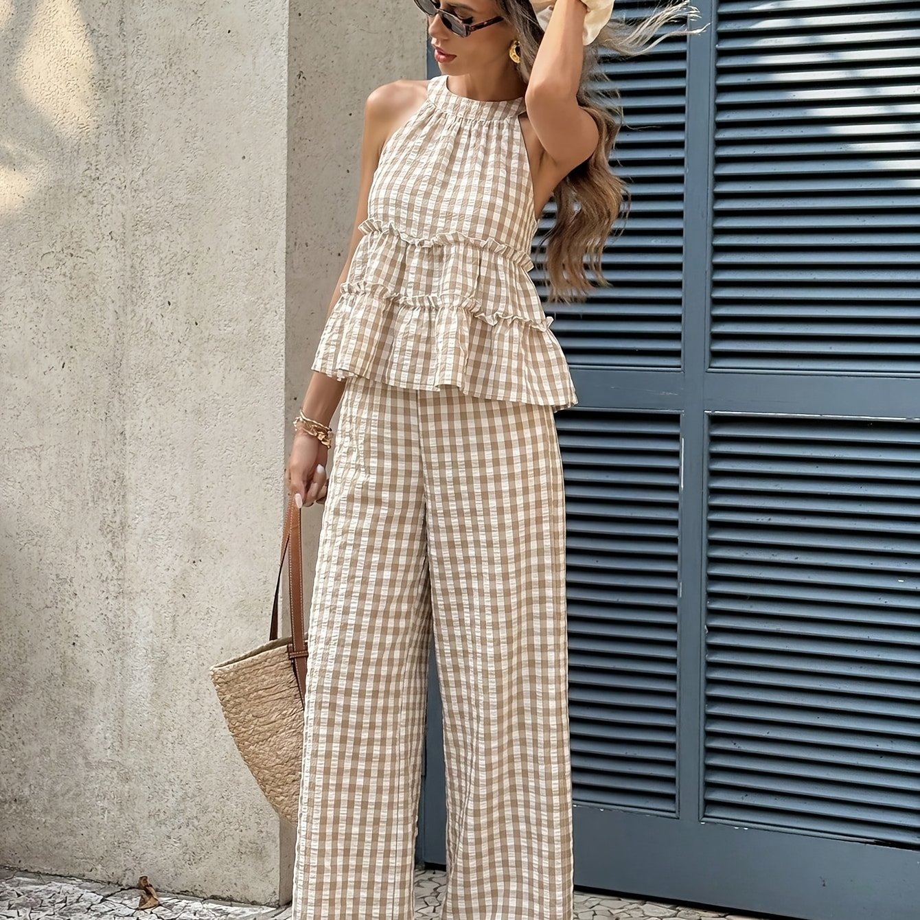 TEMU Halter Neck Double Ruffle Short Top And Flowing Wide-leg Pants 2pcs Set, Casual Suit