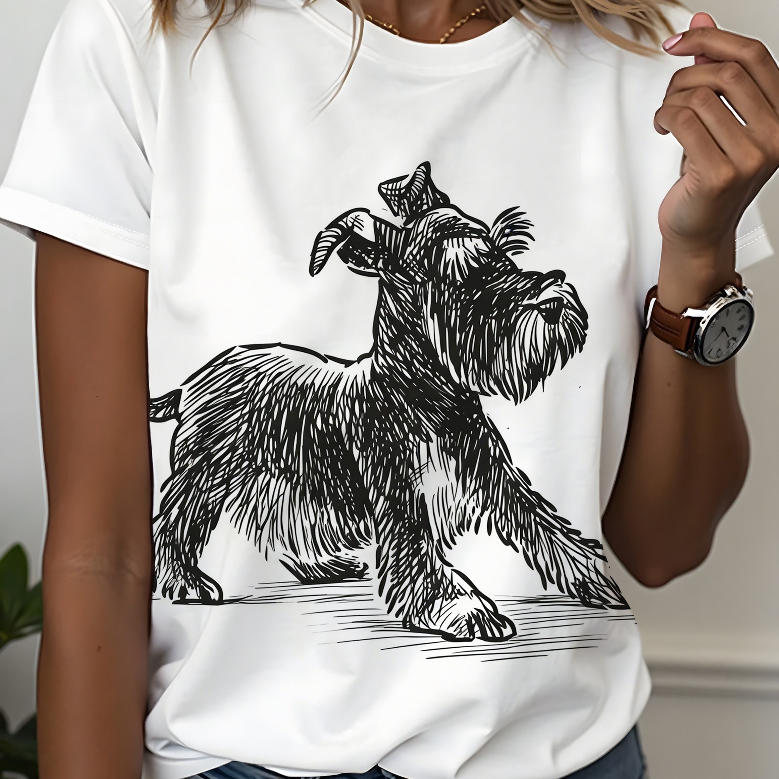 TEMU Women' Short-sleeve T-shirt With Schnauzer Dog Print - Vintage Hand-drawn Pet Graphic Tee, Casual Summer Top Suitable For Schnauzer Owners & Dog