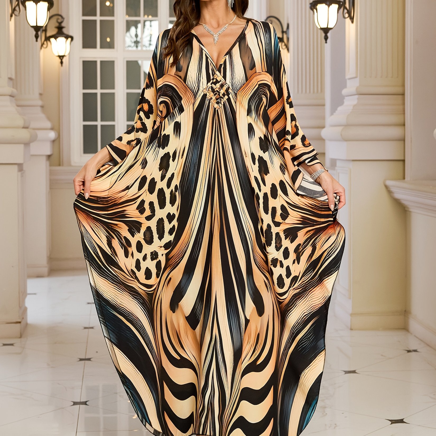 Image of Edolynsa Sexy Deep V-neck Long Leopard Print Neckline Long Sleeve Batwing Sleeve Beach Dress Loose Vacation Cover-up Kaftan Robe Q1755