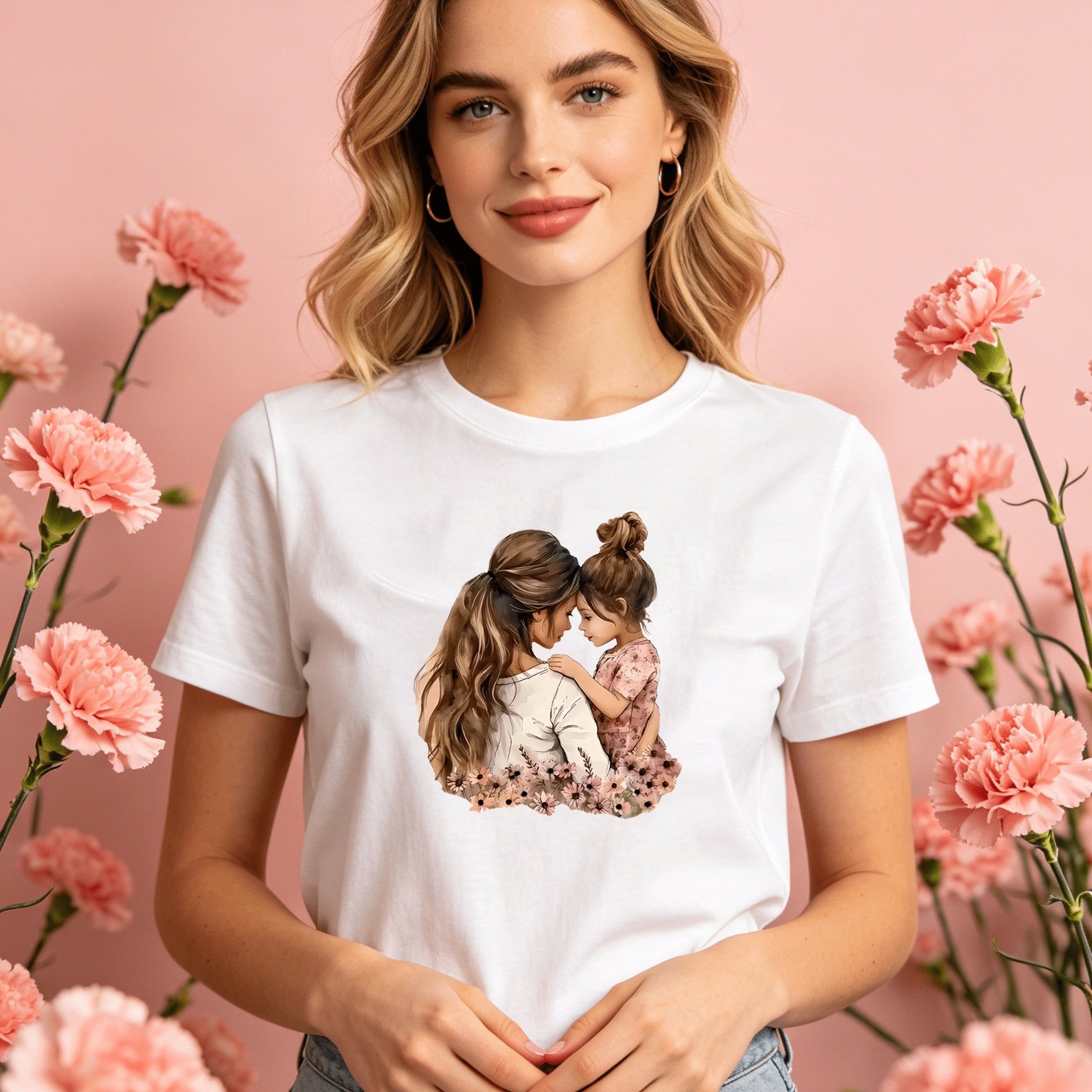 TEMU Women's Mother's Day T-shirt - Cute Mother-daughter Matching Forehead Photo Short Sleeve Top, Breathable Lightweight Spring Summer Blouse