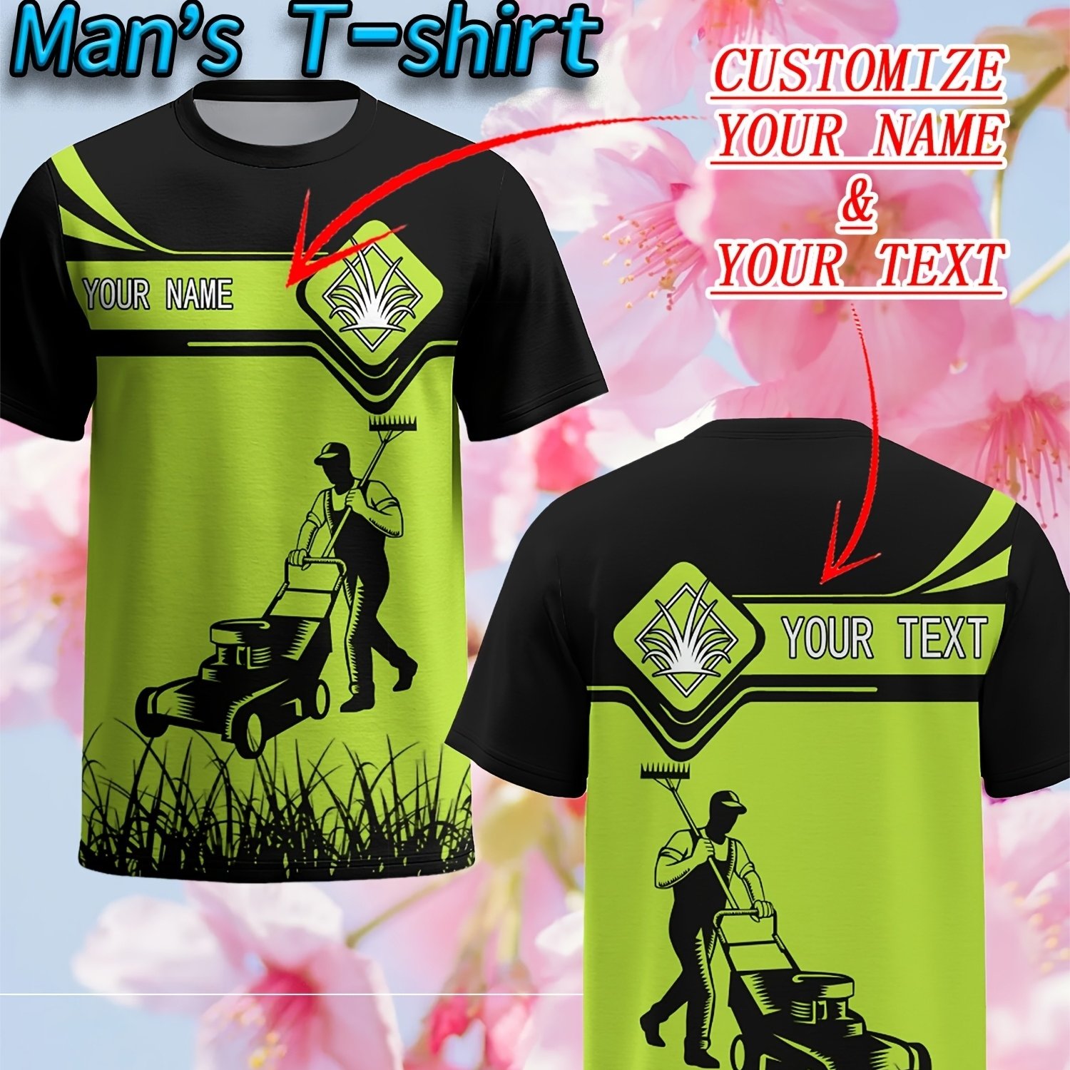 TEMU Men's Custom Lawn Mowing T-shirt - Personalized Name/text & Double-sided Lawn Print, Round Neck Casual Summer Tee Suitable For Gardening Gifts,