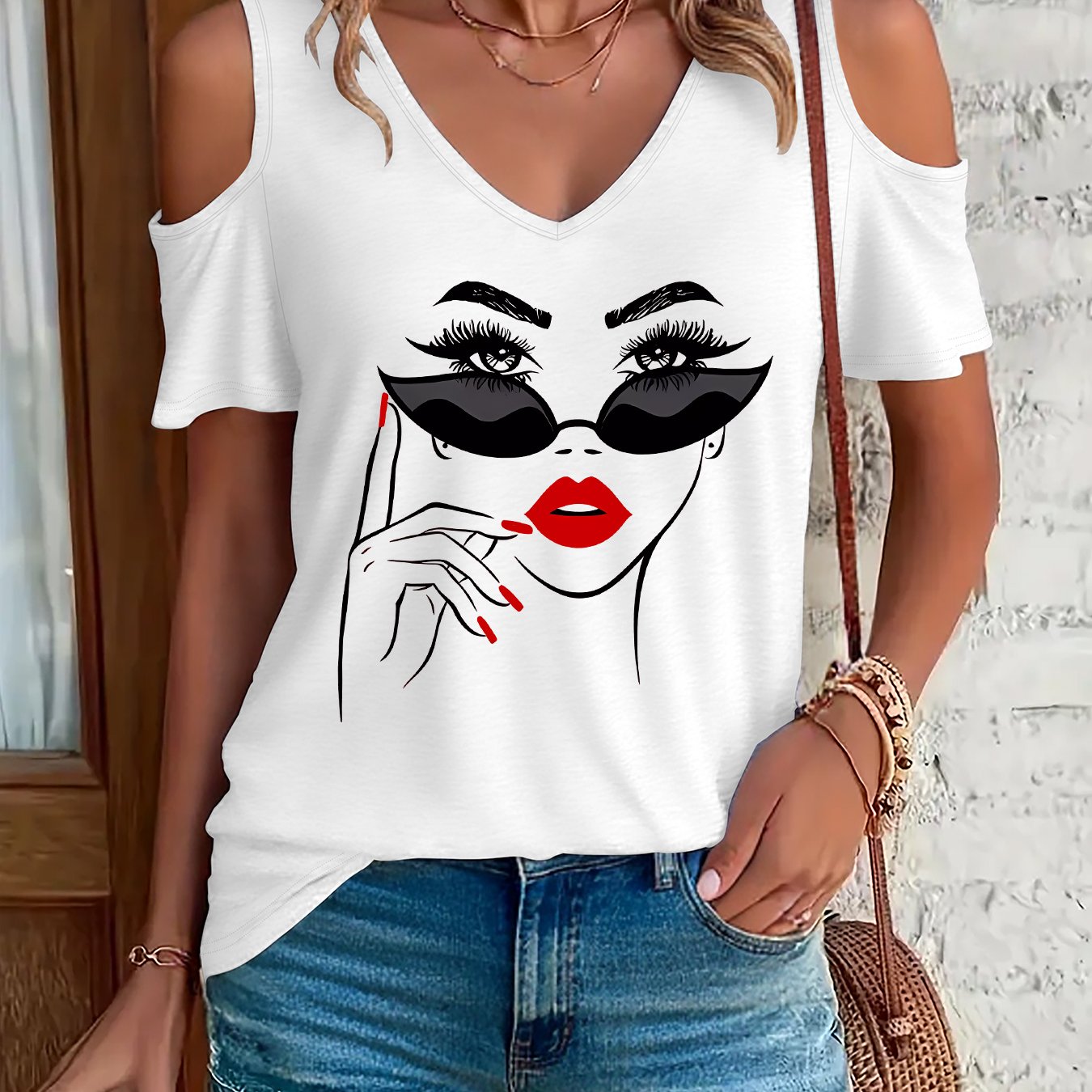 TEMU (002#) Women's Fashion Off-shoulder V-neck T-shirt, Stylish Off-shoulder V-neck Top With Red Lips And Fashion Glasses Print, Casual Versatile