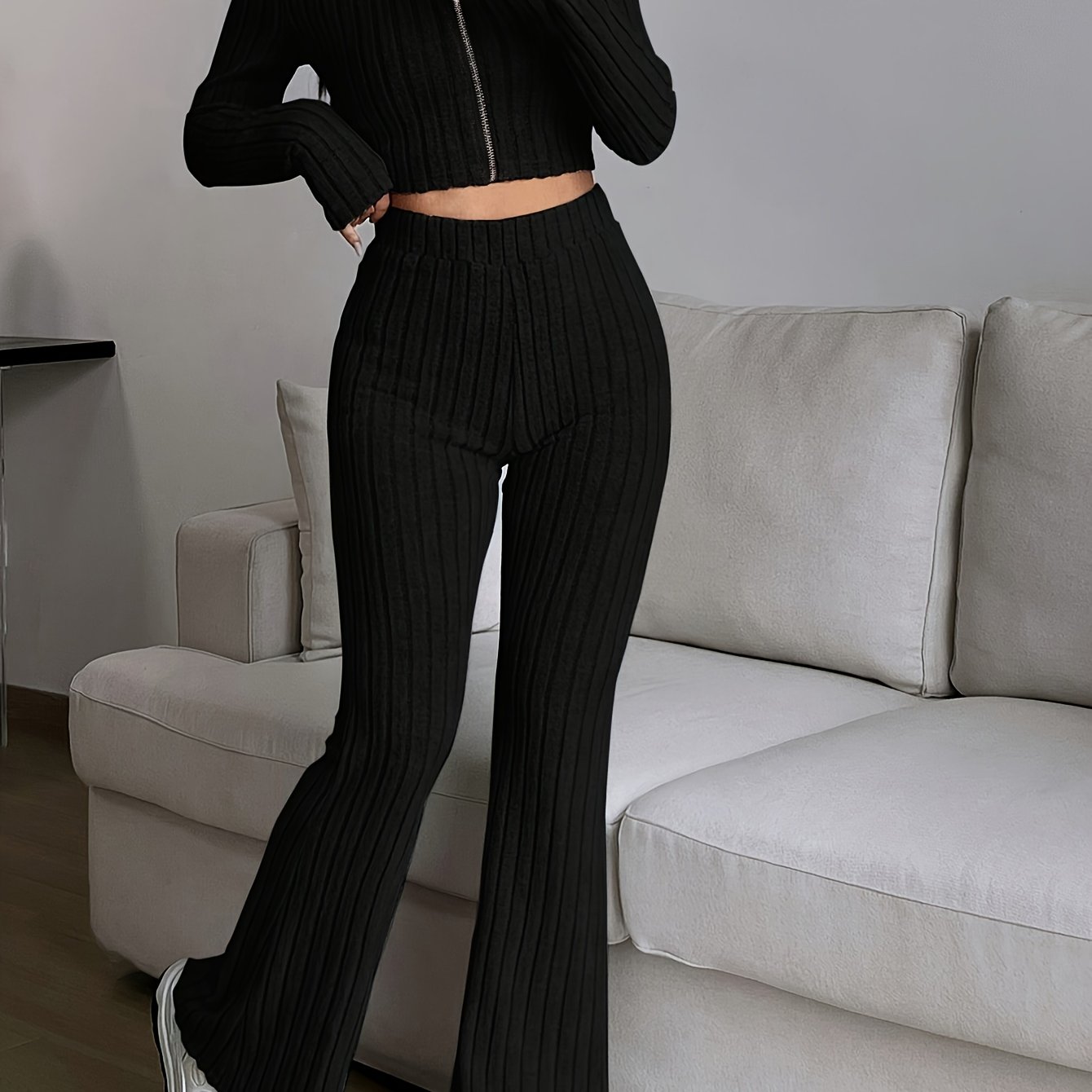 TEMU Elegant And Round Neck Long Sleeve Zipper Cardigan Long Pants Wide Leg Pants Two-piece Set