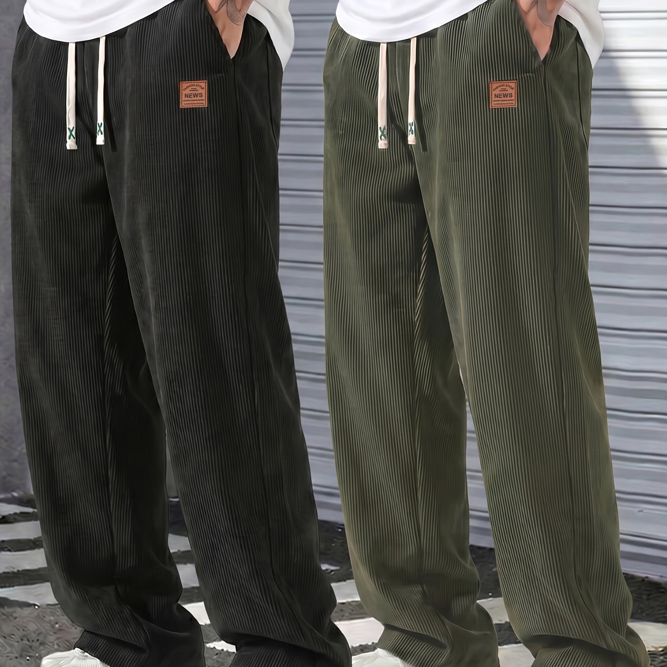 TEMU 2pcs Men's Corduroy Wide-leg Cargo Pants - Vintage Straight-leg Corduroy Trousers With Elastic Drawstring Waist, Corduroy Drape & Small Label
