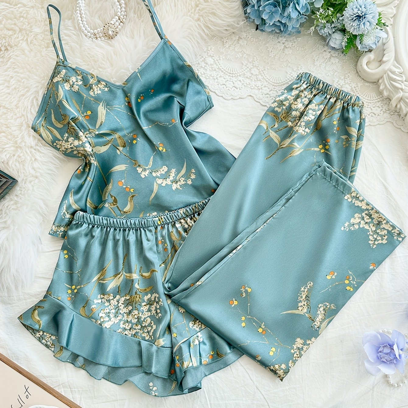 TEMU Plus Size Women's Small Cherry Print Comfortable Sexy V-neck Cami Shorts Pants Pajama Set 3pcs