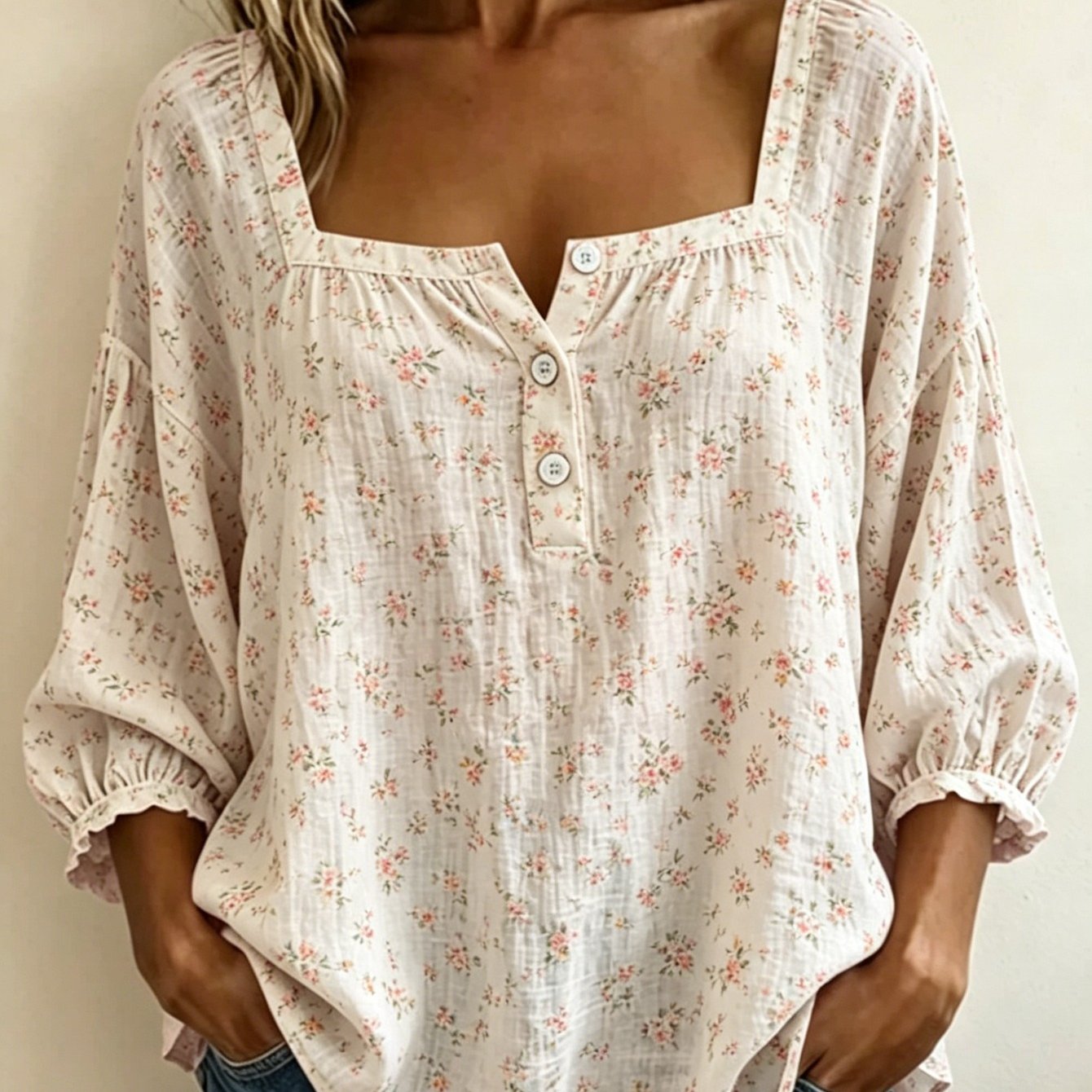 Plus Size - Casual Loose Ditsy Floral Print Tops For Women, Square Neck 3/4 Sleeve Button-front Blouses For Office And Casual