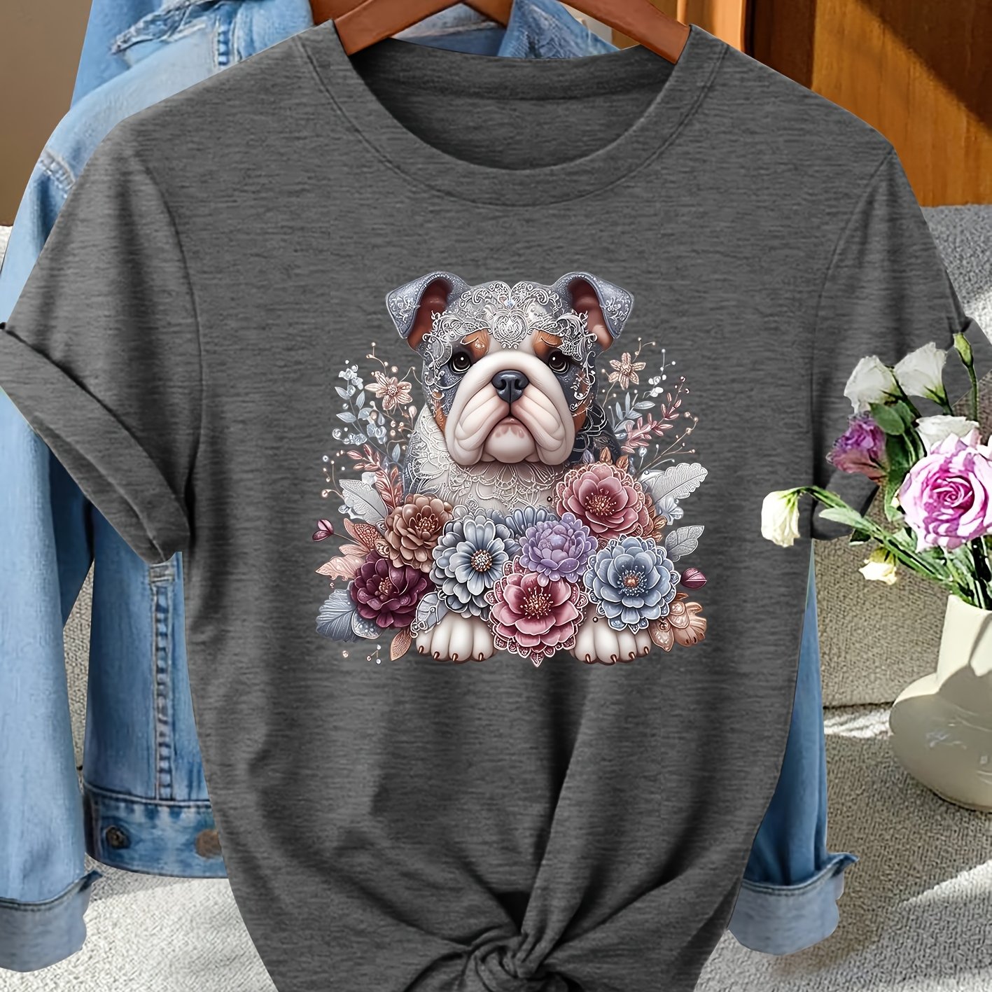 TEMU Women's English Bulldog Print T-shirt - Round Neck Short Sleeve Tee Suitable For - Casual Wear, Bulldog Floral Blouse Top, Plus Size Clothing &