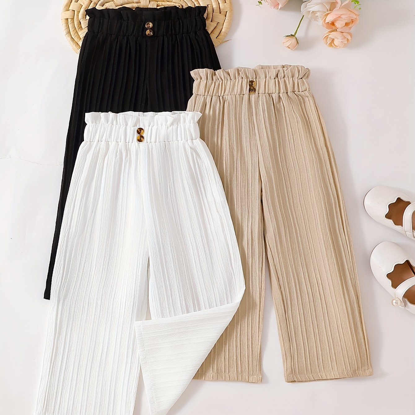 Image of Three-piece Set Of Long Pants For Girls Made From Woven Fabric, Featuring Decorative Buttons And Waistband In A Straight-leg Style, For Spring/summer/autumn Outdoor, For Outdoor