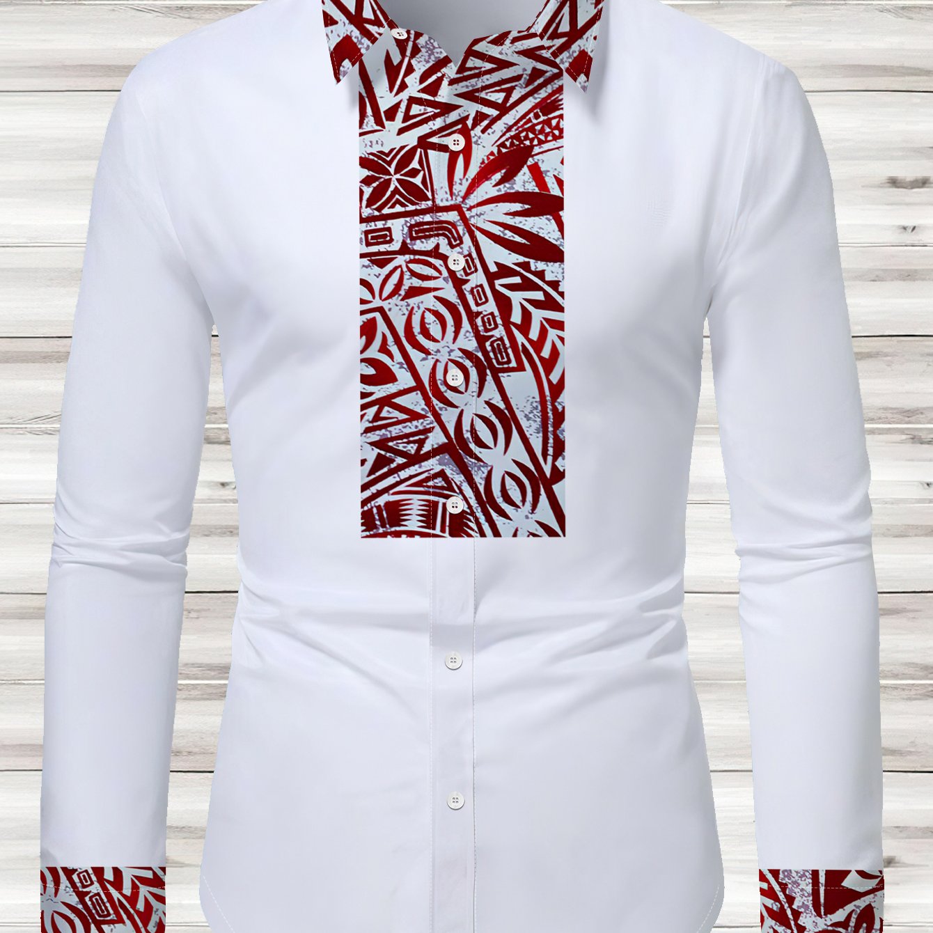 TEMU Men's Fashion Ethnic Style Printed Long-sleeve Shirt, Trendy Lapel Slim Fit Casual Shirt, Unique Totem Design Versatile