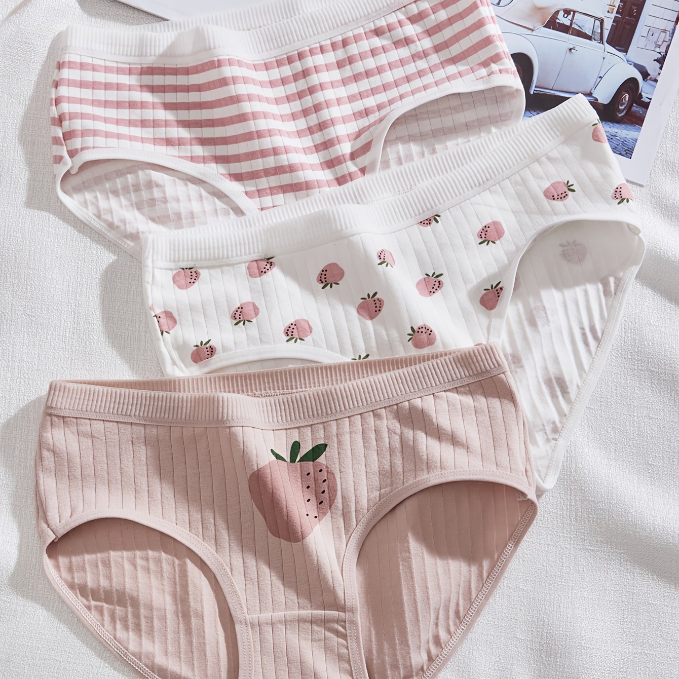 3pcs Cute Women's Panties Cartoon Comfortable Triangle Underwear Soft Ribbed Lingerie Elasticity