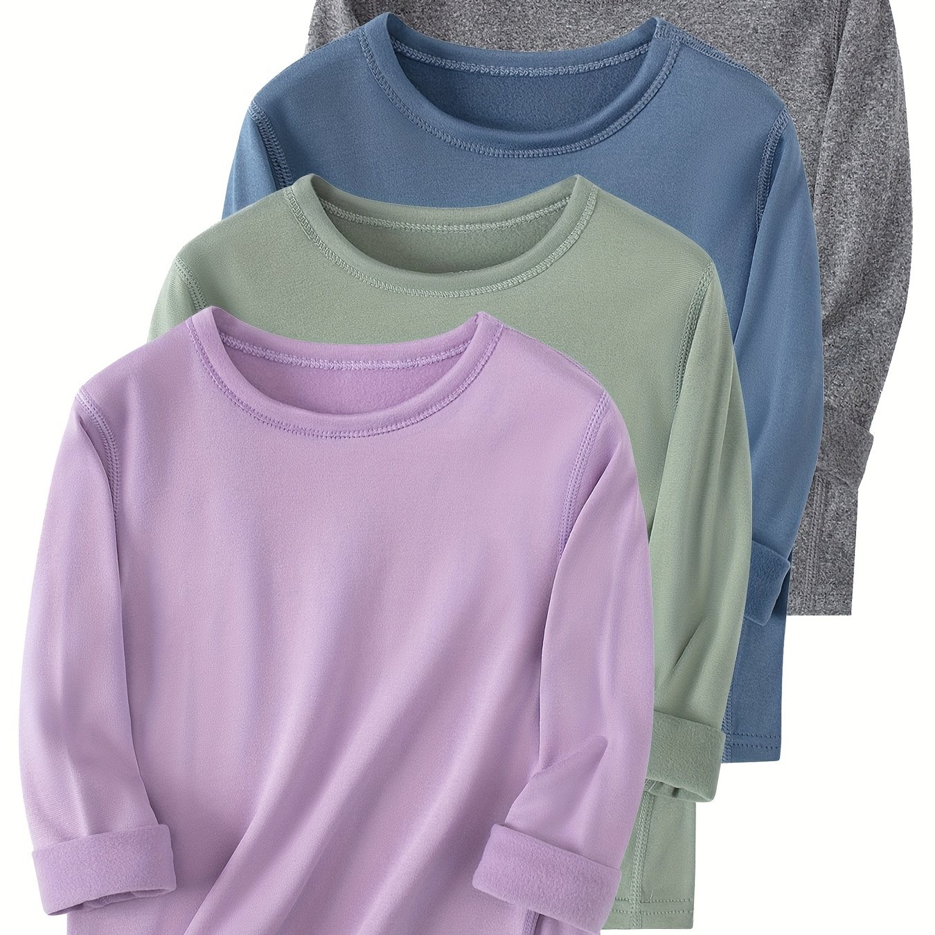Image of 4pcs Set Girls' Warm Base Layer Top Spring Autumn Mid-large Children Girls Solid Basic Warm Long Sleeve Round Neck Hooded Sweater Daily Inner Wear Base Layer Sister Outfit Soft Comfortable