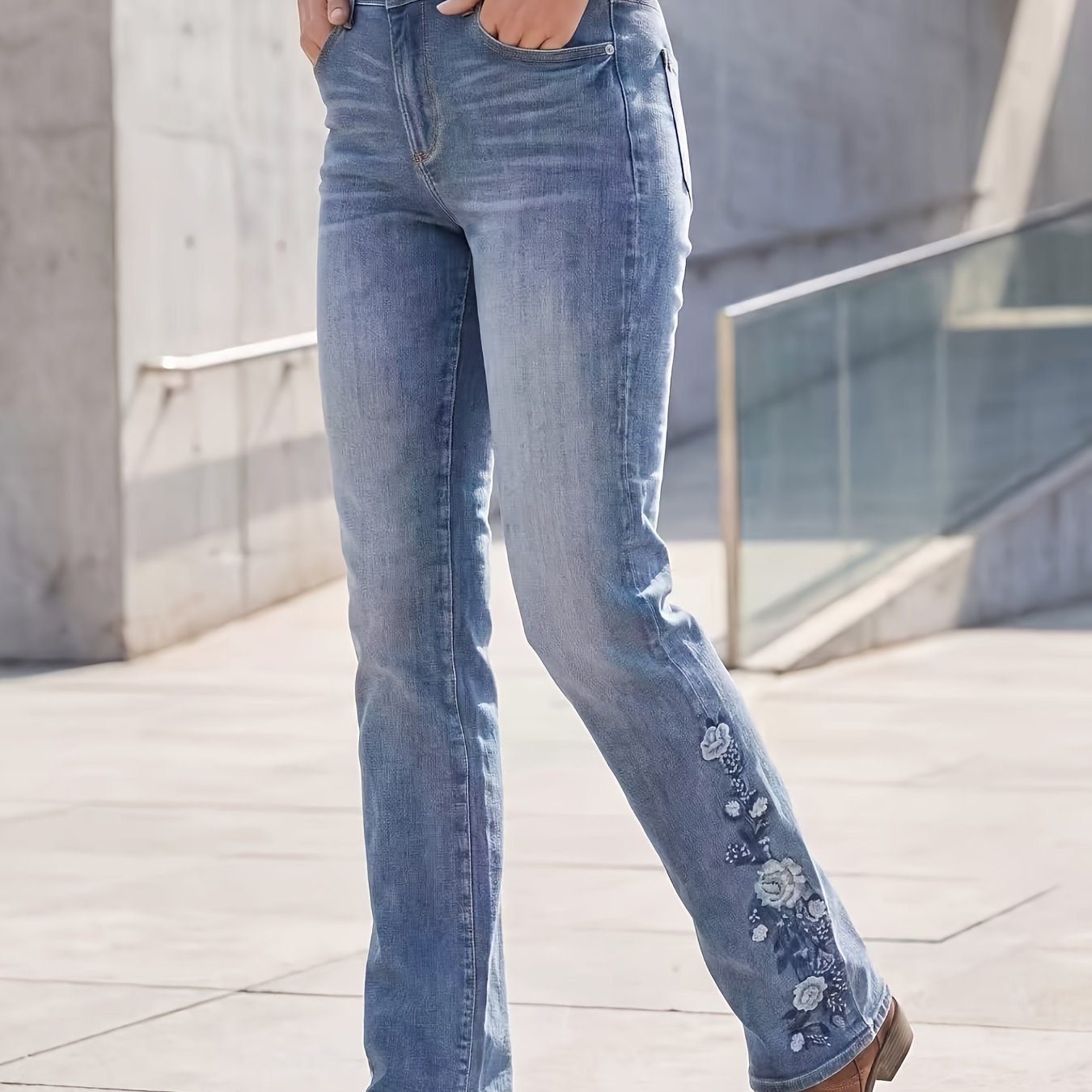 Image of Women's Light Blue Washed Bootcut Jeans, Side Rose Floral Embroidery On Legs, Stretch Slim Fit Vintage Flare Long Pants