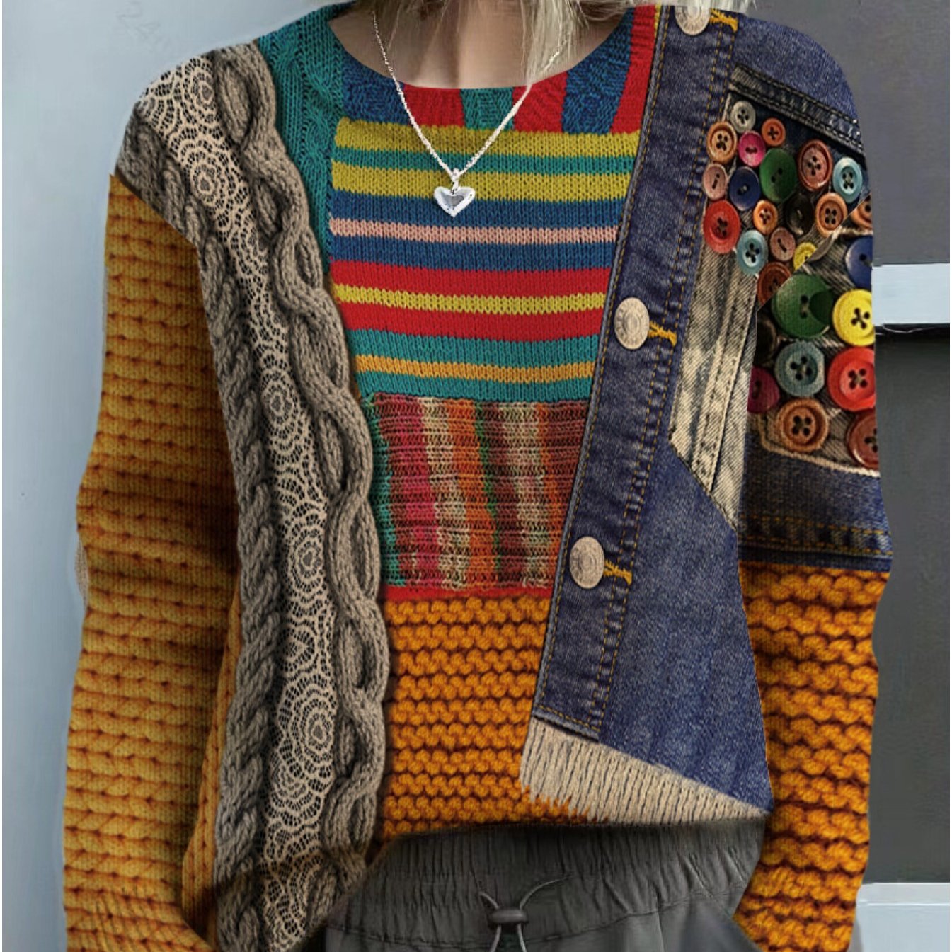 TEMU Women's Striped Print Denim Sweater - Elegant Crew Neck Knitwear, Comfortable Autumn/winter Layering Piece, Casual Temperament Wear, Fashionable