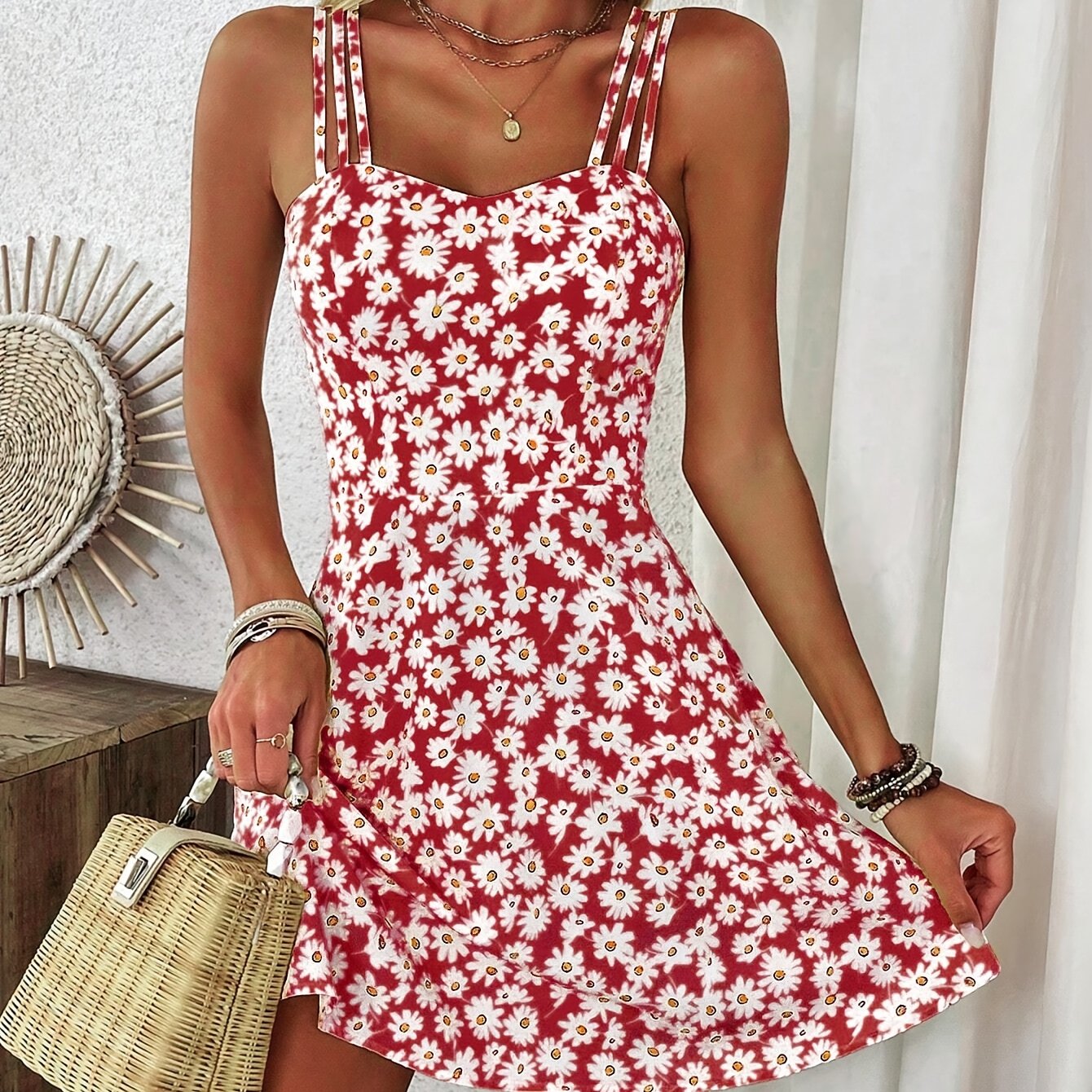 Image of Holiday Women's Floral Print Cami Dress Vacation Beachwear