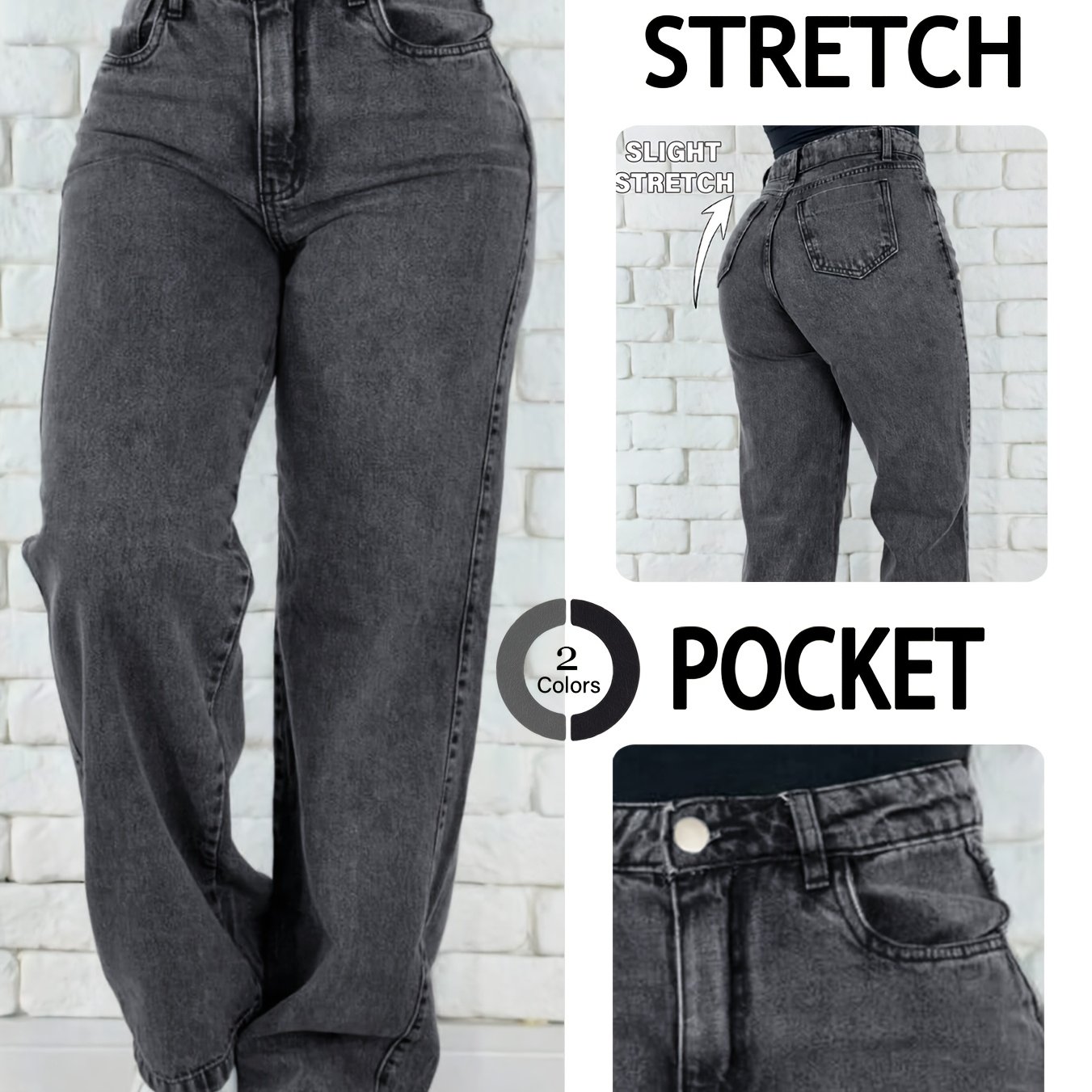 Women's High-waist Wide-leg Jeans, Dark Grey Denim Trousers, Casual Loose Fit, Versatile Wear, Women's Denim Jeans And Clothing
