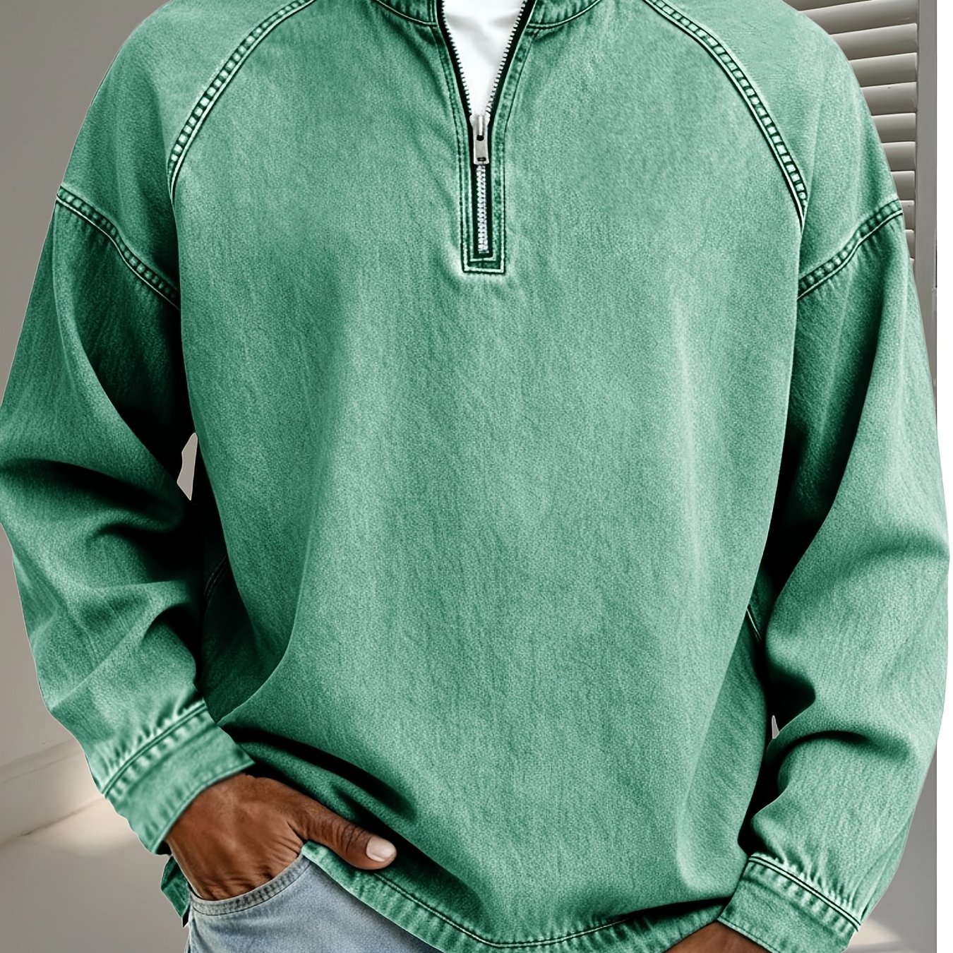 Image of 2026 Men's Vintage Washed Long Sleeve Pullover Faux Denim Half-zip Sweatshirt Acid Wash Stand Collar Raglan Loose Fit Casual Hoodie Pullover Jacket Oversized Retro Distressed Casual Top Shirt