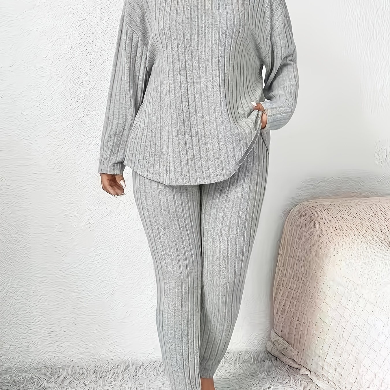 TEMU Solid Color Long-sleeved Top And Trousers Casual Everyday Set
