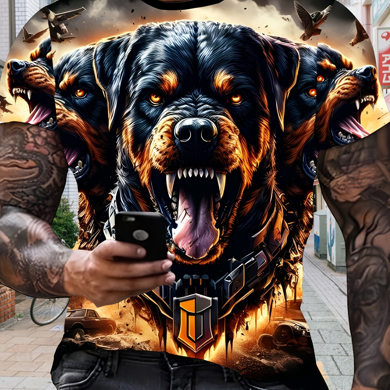 TEMU Print Design - Non-textured Men's Plus Size Dog Pattern T-shirt - Made Of Polyester Fabric, Featuring A Vintage Number Print With A And Flame