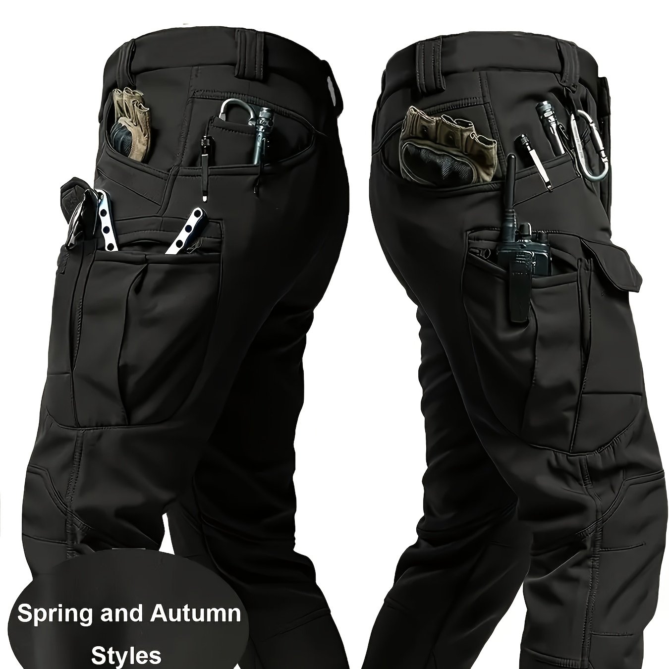 TEMU Men's Outdoor Work Trousers, Spring Summer Autumn Wear, Solid Sport Style, Lightweight, Mid-rise, Multi, No Belt, Ideal For Electricians,