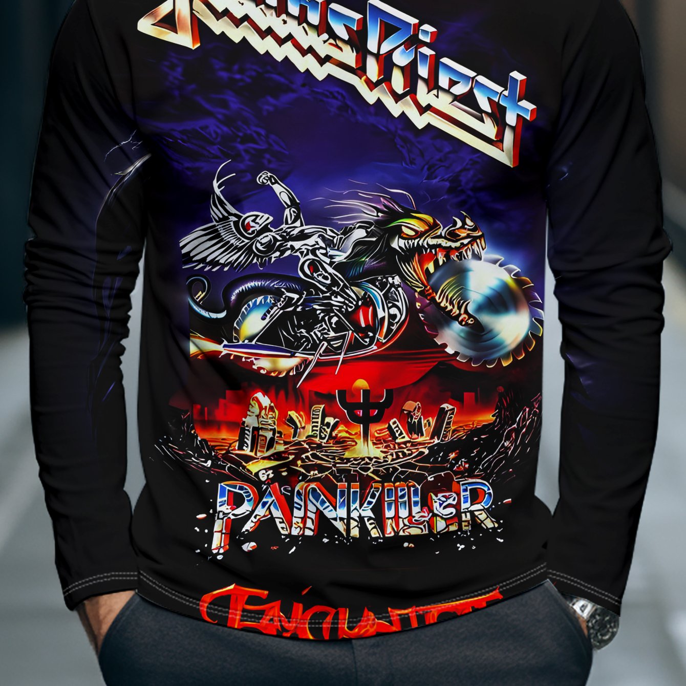 TEMU Men's Individual Trendy Brand Long Sleeve T-shirt, Album Cover, Motorcycle Rider, Flames And Band Name - Street Style Full Print Design, Easy To