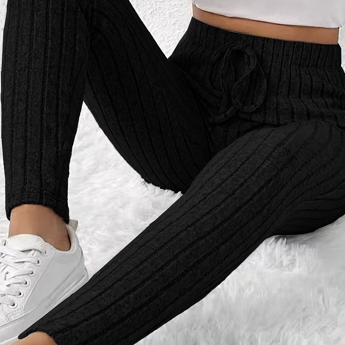 TEMU Pantalon de cheville à côtes décontracté de style français