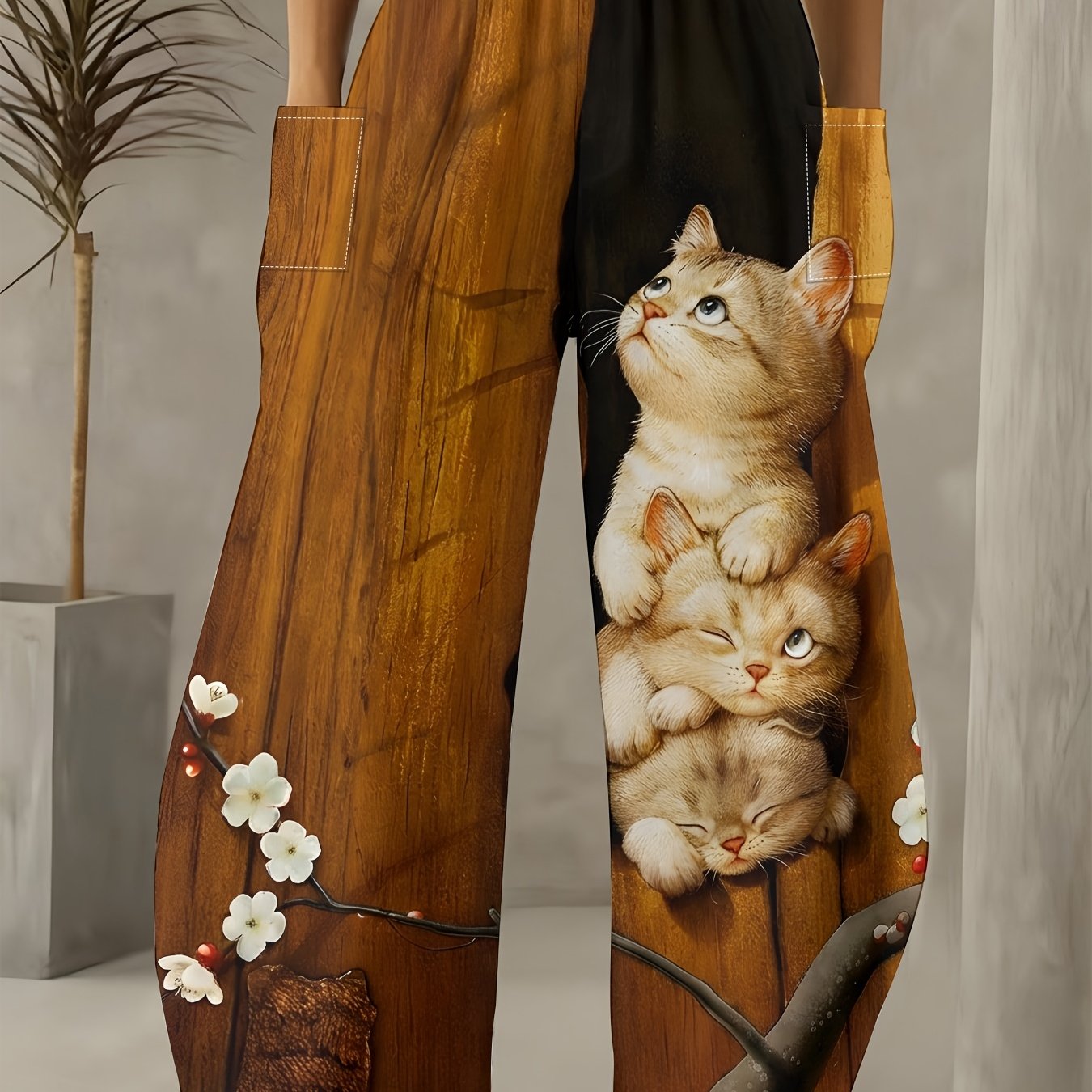 TEMU Pantalon large décontracté pour femme, style zen et , avec imprimés de chats empilés à grain de bois et de fleurs de prunier