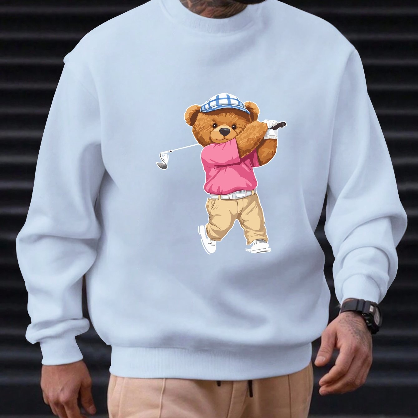 TEMU Men's Casual Round-neck Sweatshirt Featuring A Bear Pattern Playing Golf