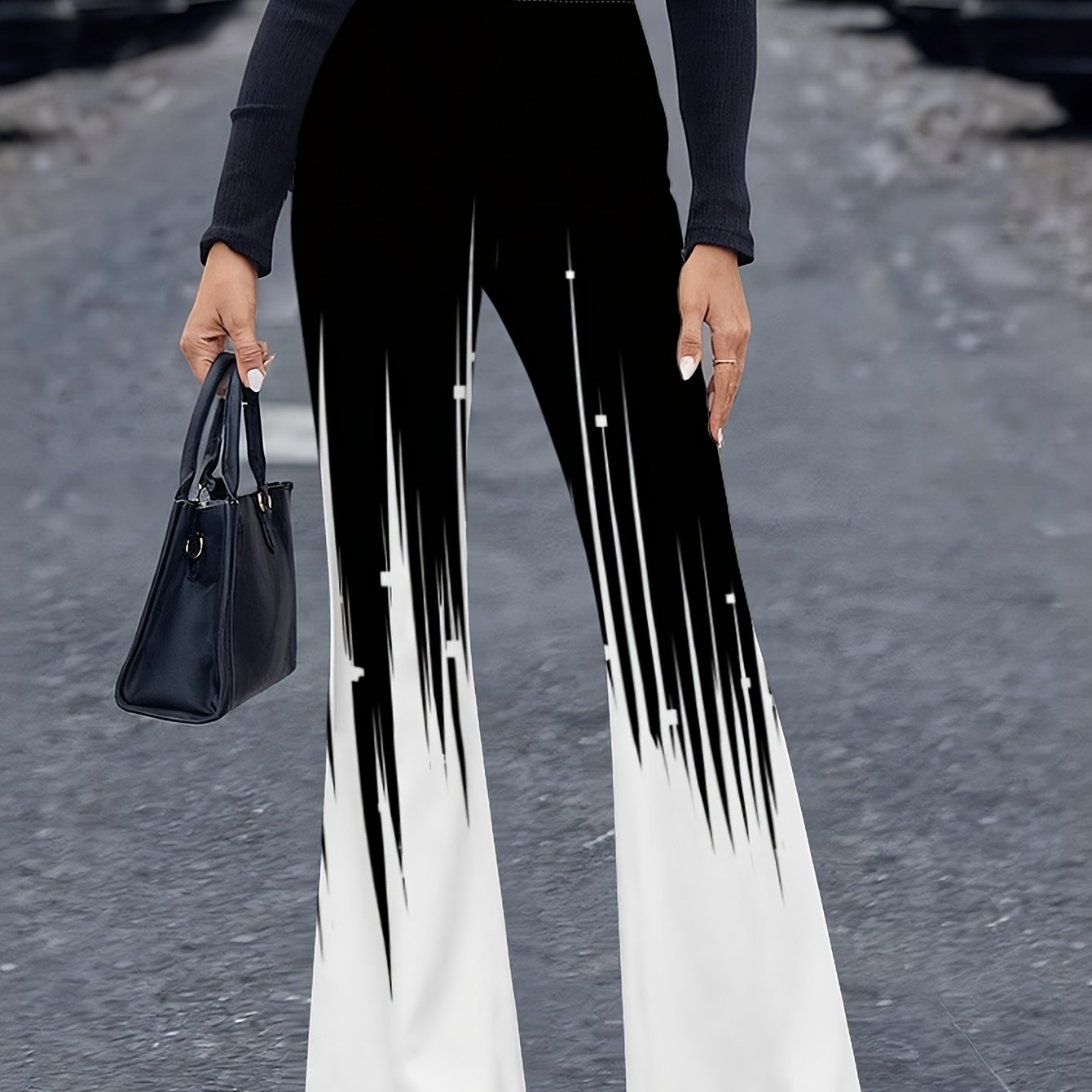 TEMU Women's High Waist Black White Gradient Meteor Print Flare Pants, Slim Stretch High Waist American Streetwear Casual Bell Bottom Trousers