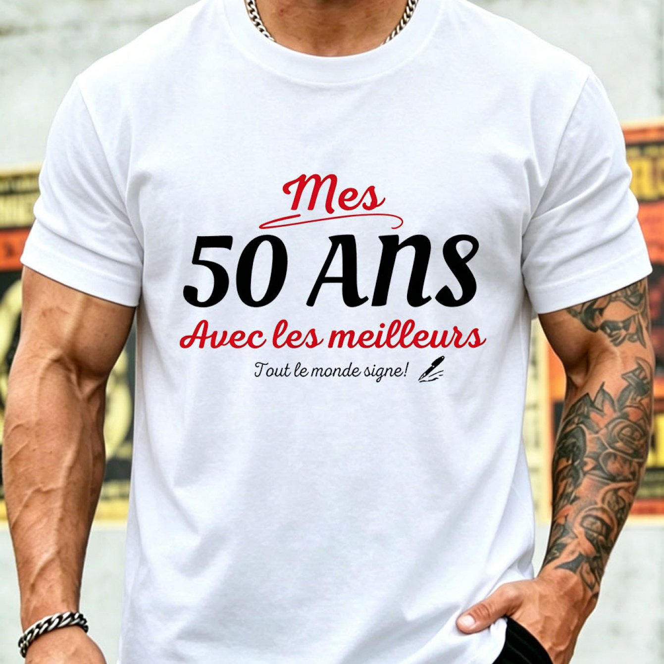TEMU Élégance française Mon 50e anniversaire Bannière d'anniversaire française manuscrite Imprimé T-shirt en polyester pour hommes 50e anniversaire