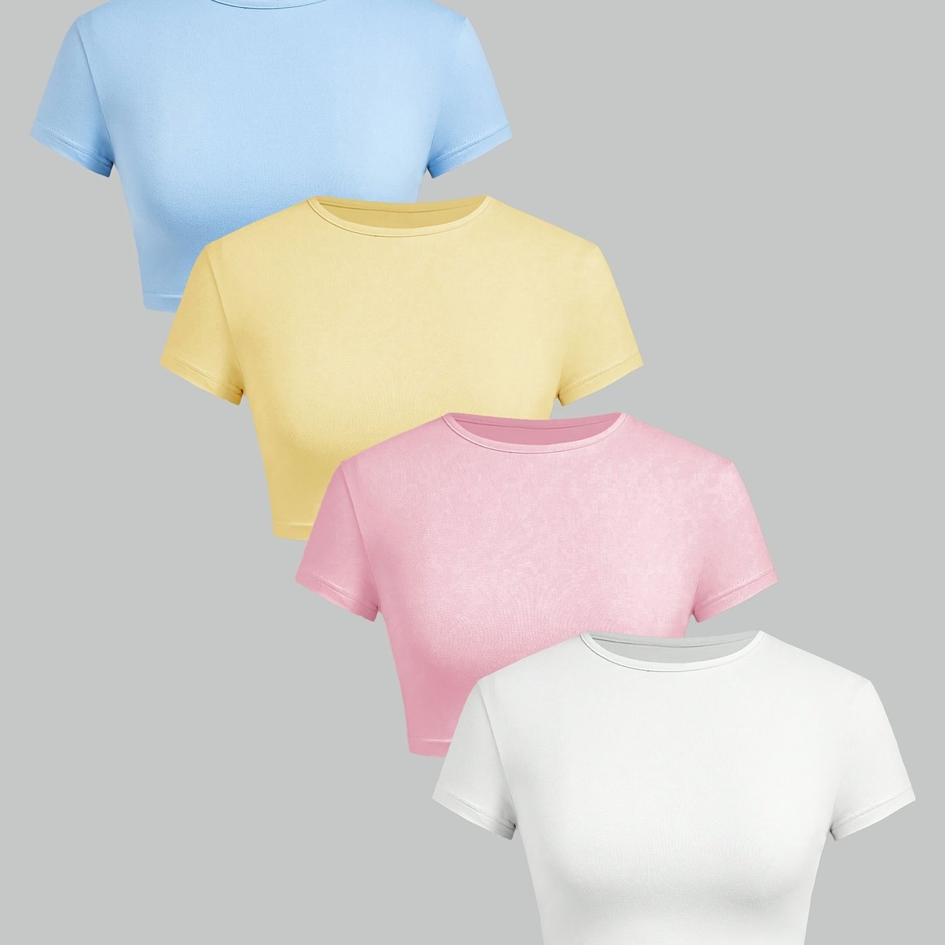 TEMU 4pcs Women's 4pcs Basic Solid Color Crop Tops - Short-sleeve Round Neck T-shirts, Medium Stretch Non-sheer Blouse Suitable For Casual, Sporty,