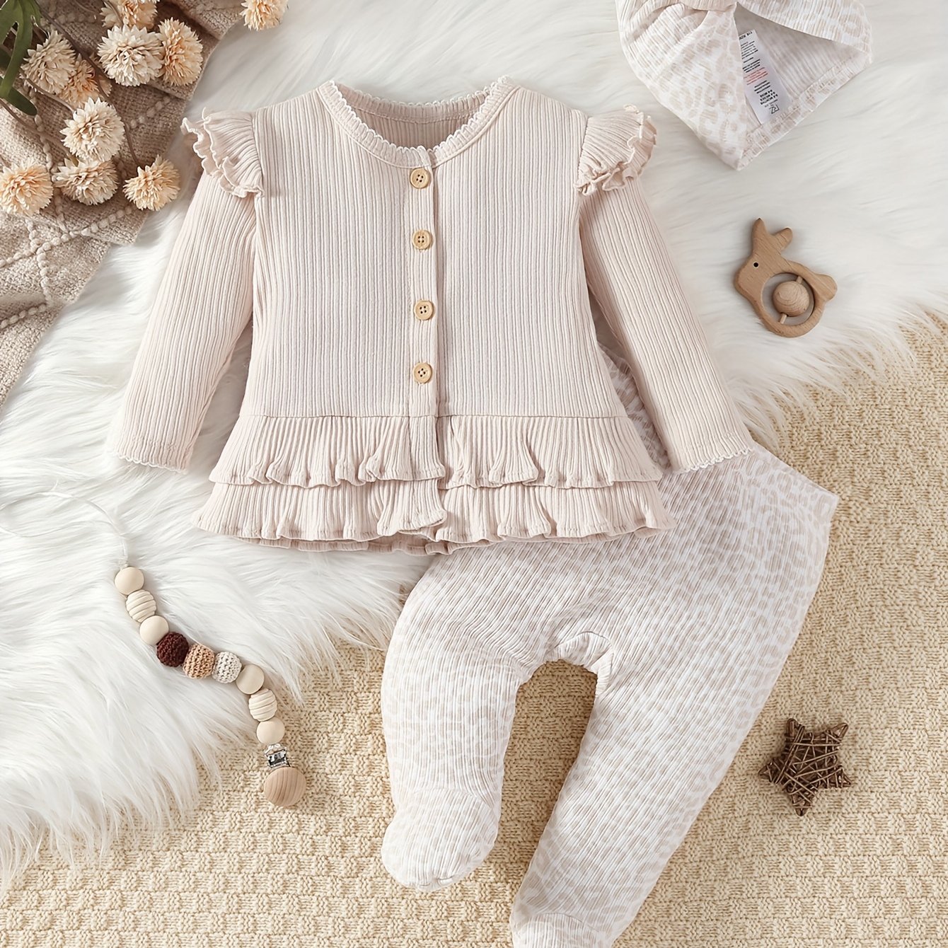 Image of 3-piece Set For 0-9 Month Old Baby Girls: Long-sleeve Top, Footed Pants, And Flower-, Outdoor Wear For 0-9 Month Old Babies, Perfect For Outdoor