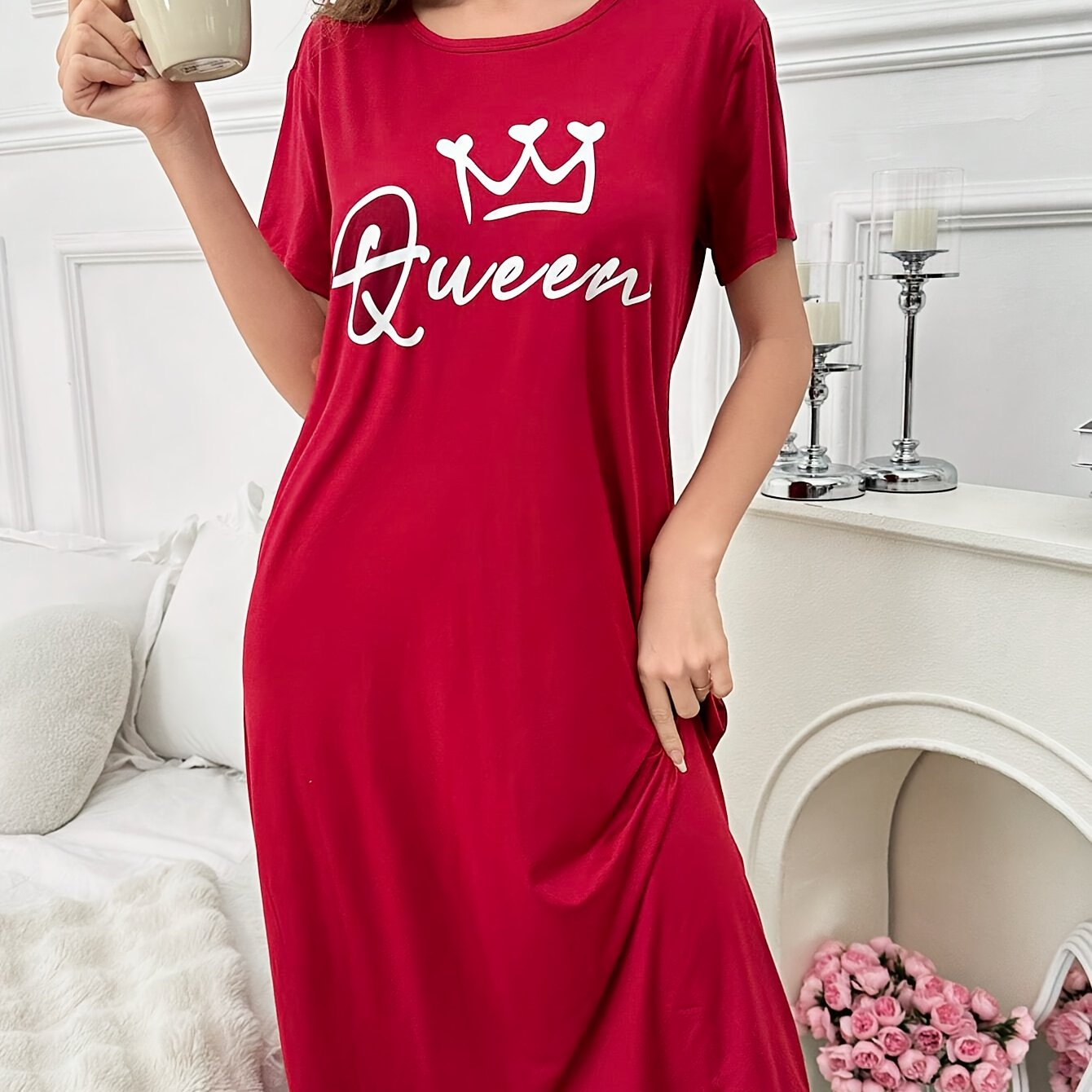 TEMU Hand-painted Crown Letter Pattern Round Neck Mid-length Women's Nightgown
